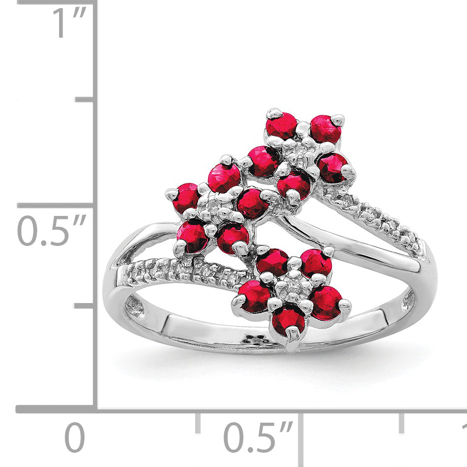 Sterling Silver Rhodium-plated 3 Flower Ruby and Diamond Ring