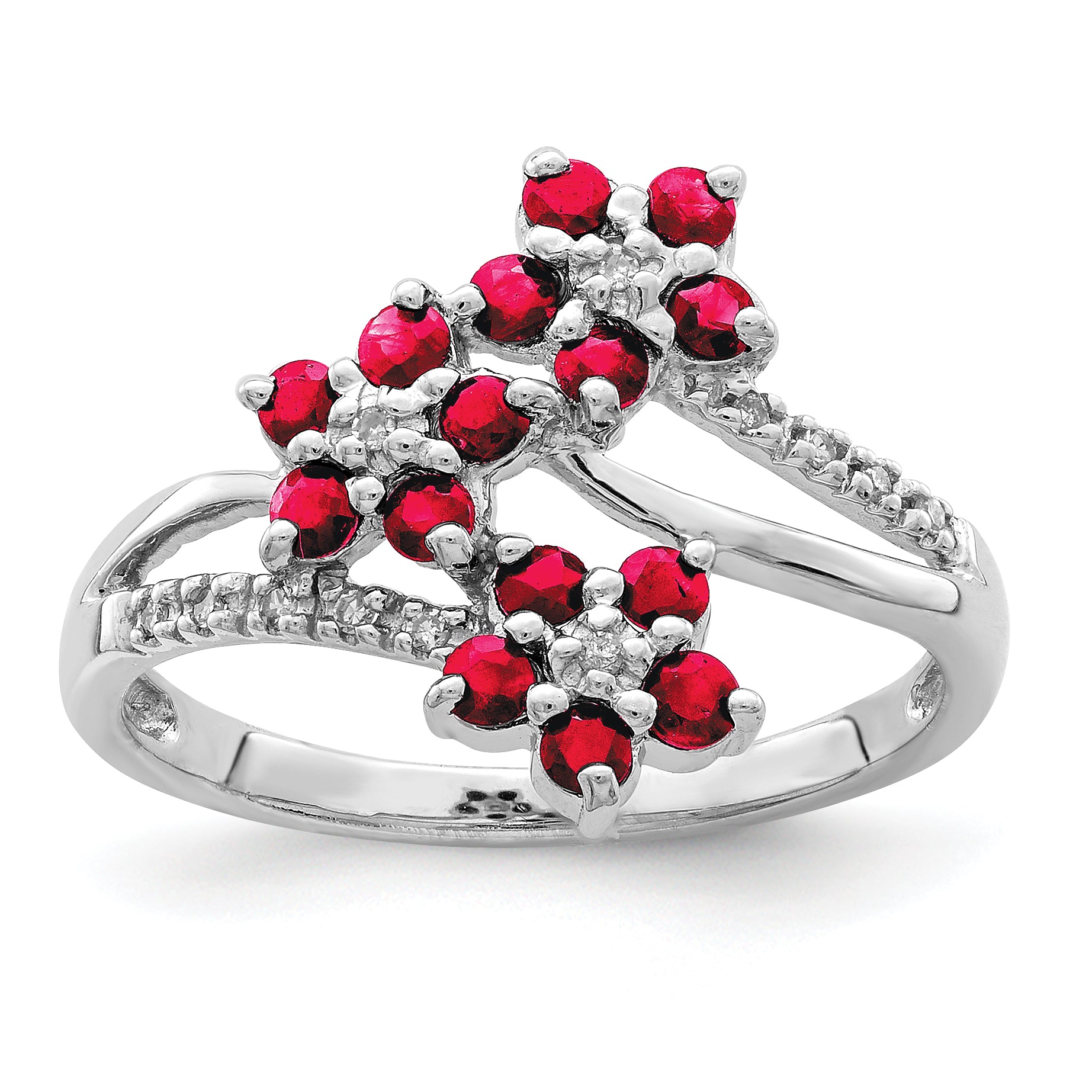 Sterling Silver Rhodium-plated 3 Flower Ruby and Diamond Ring Main image