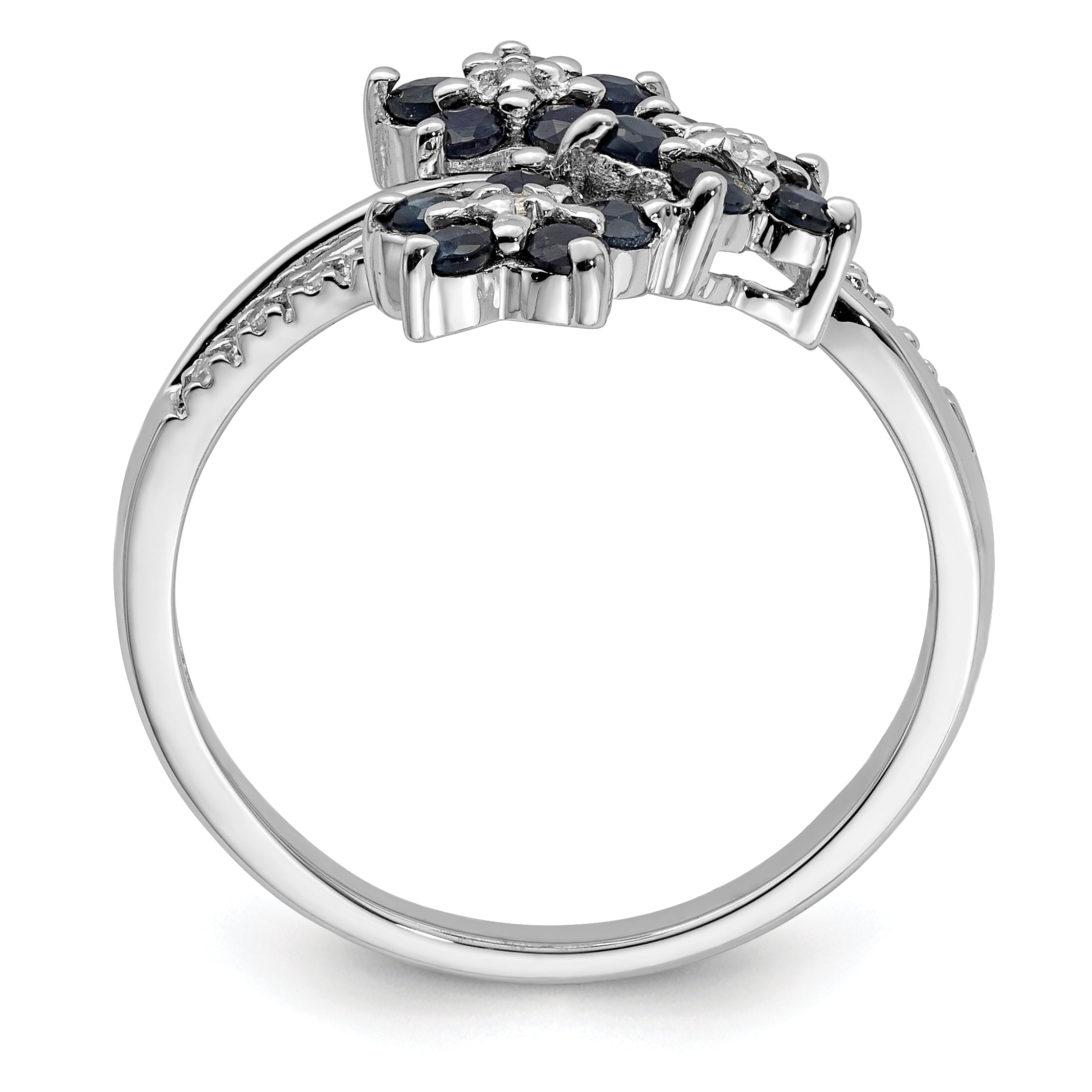 Sterling Silver Rhodium-plated 3 Flower Sapphire and Diamond Ring Secondary image