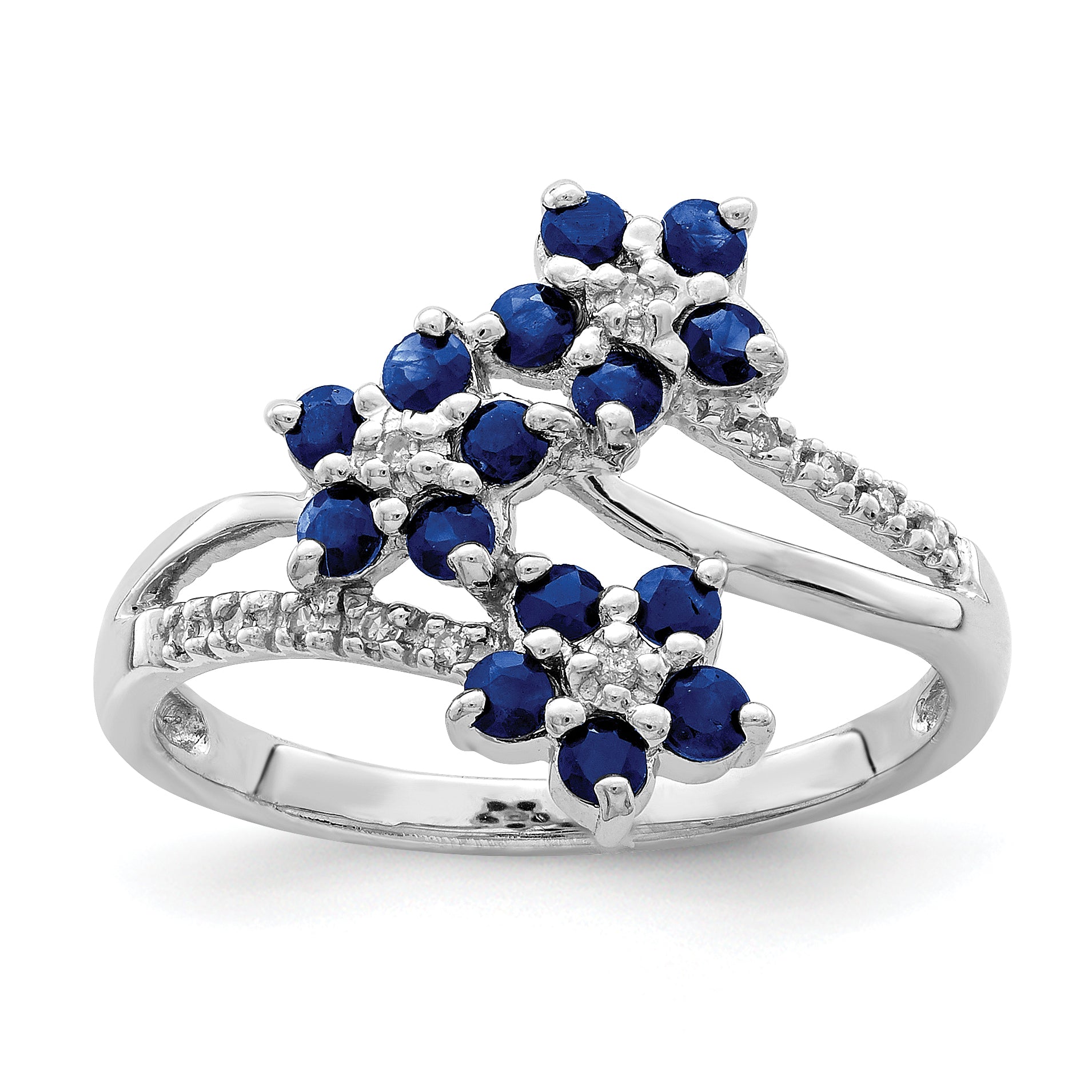 Sterling Silver Rhodium-plated 3 Flower Sapphire and Diamond Ring Main image