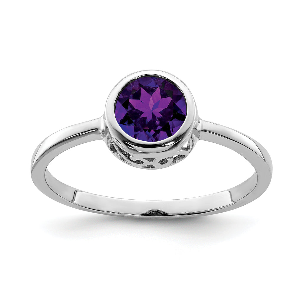Sterling Silver Rhodium-Plated Polished Amethyst Round Ring