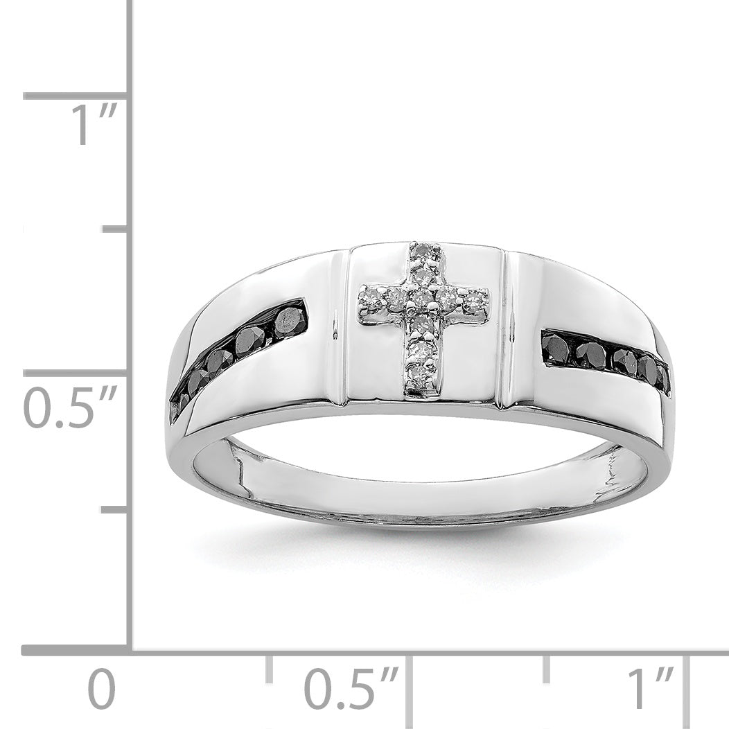 Sterling Silver Rhodium Plated Black and White Diam. Cross Men's Ring