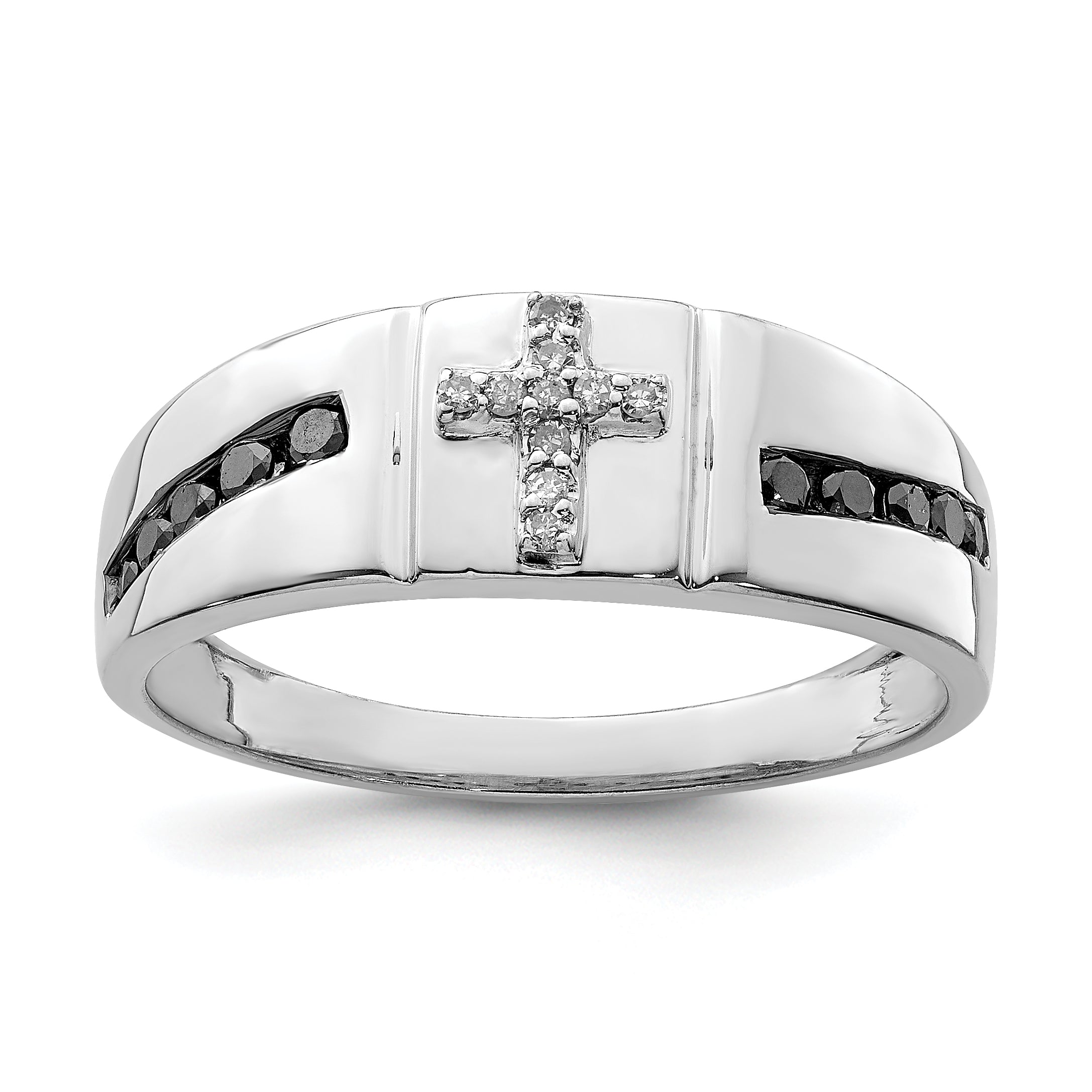 Sterling Silver Rhodium Plated Black and White Diam. Cross Men's Ring Main image