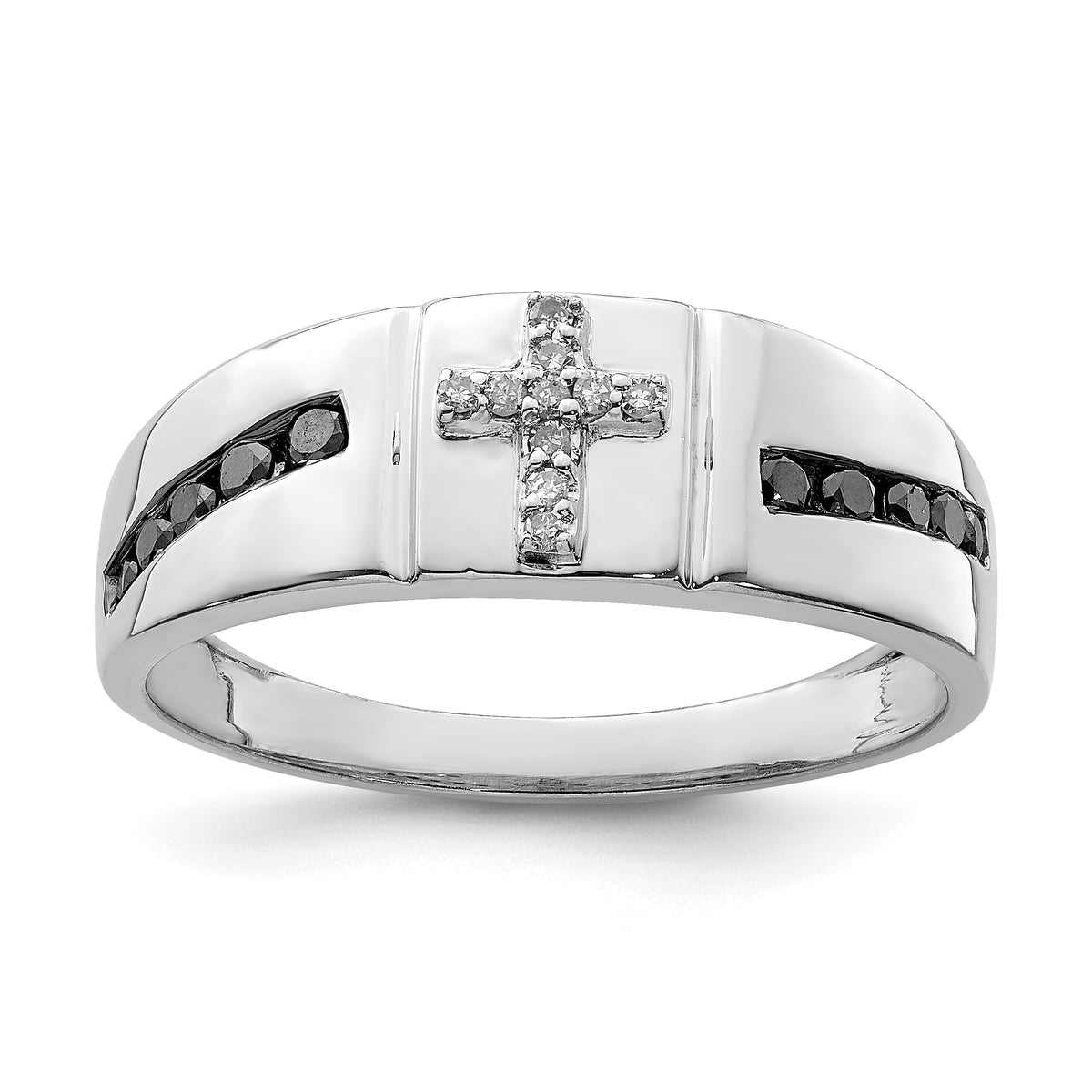 Sterling Silver Rhodium Plated Black and White Diam. Cross Men's Ring