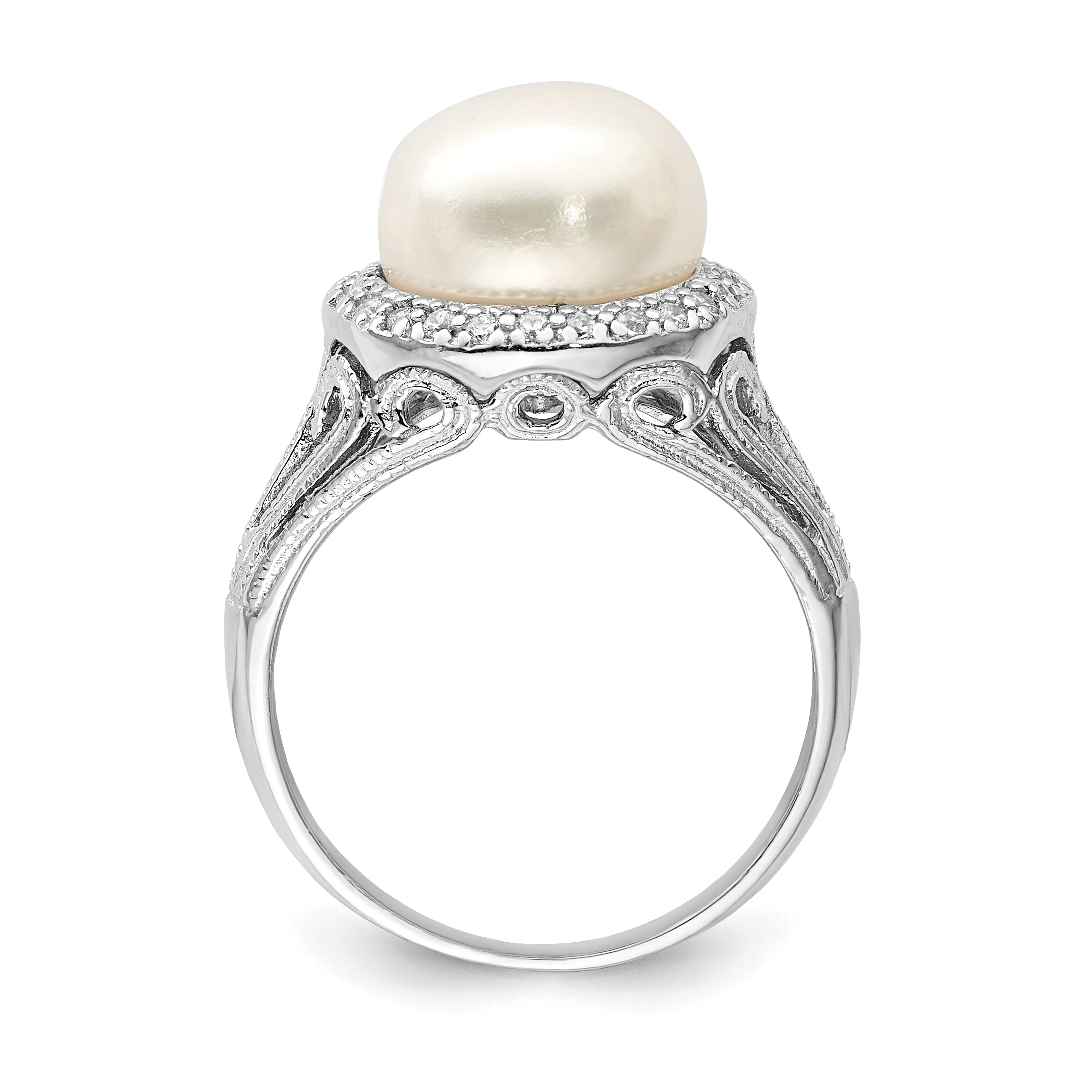 Sterling Silver Rhodium-plated 10-11mm White Button Freshwater Cultured Pearl and CZ Ring Secondary image