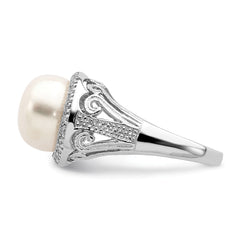 Sterling Silver Rhodium-plated 10-11mm White Button Freshwater Cultured Pearl and CZ Ring