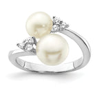 Sterling Silver Rhodium-plated 8-9mm White Button Freshwater Cultured Pearl and CZ Ring
