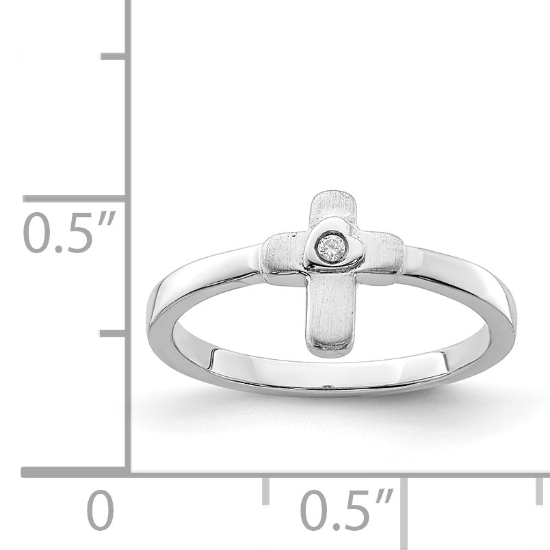 Sterling Silver Rhodium-plated Polished CZ Cross Ring