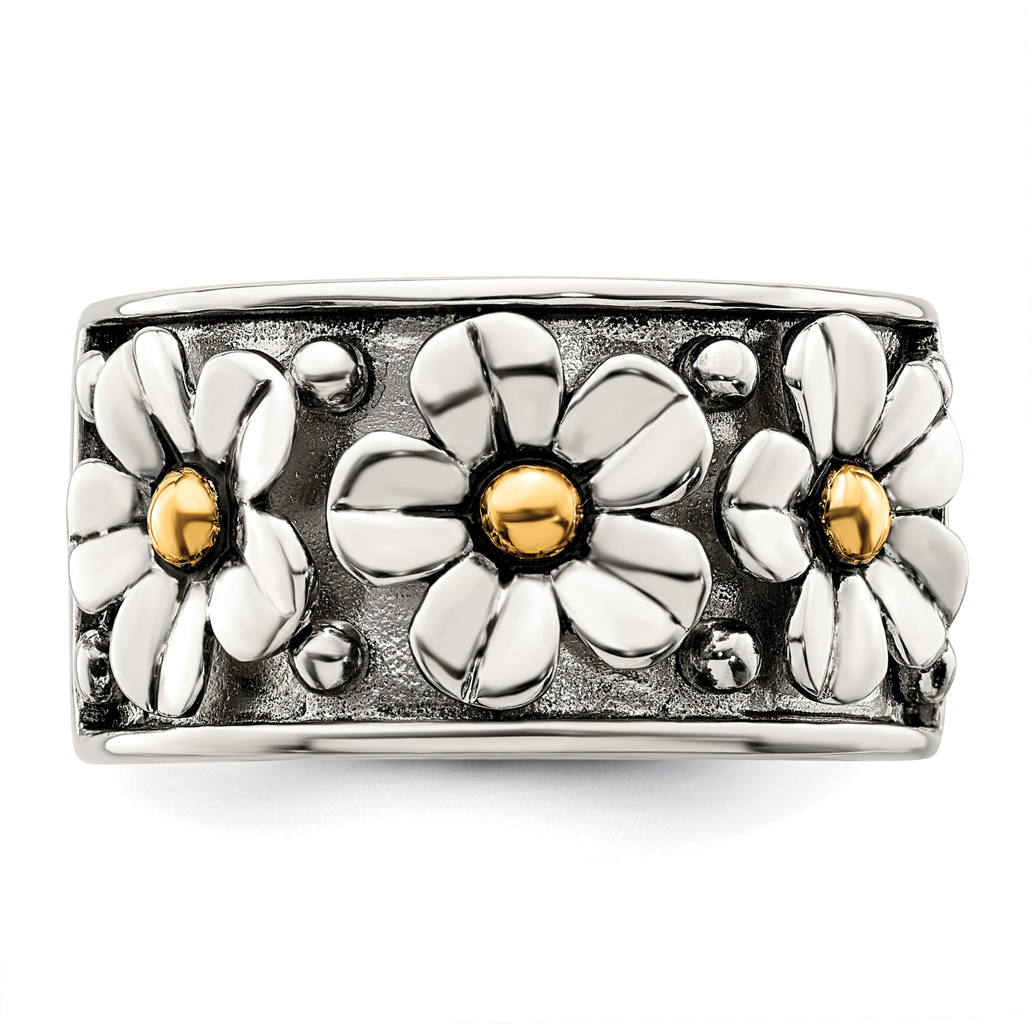 Sterling Silver Antiqued With  14k Gold Centers Daisy Ring