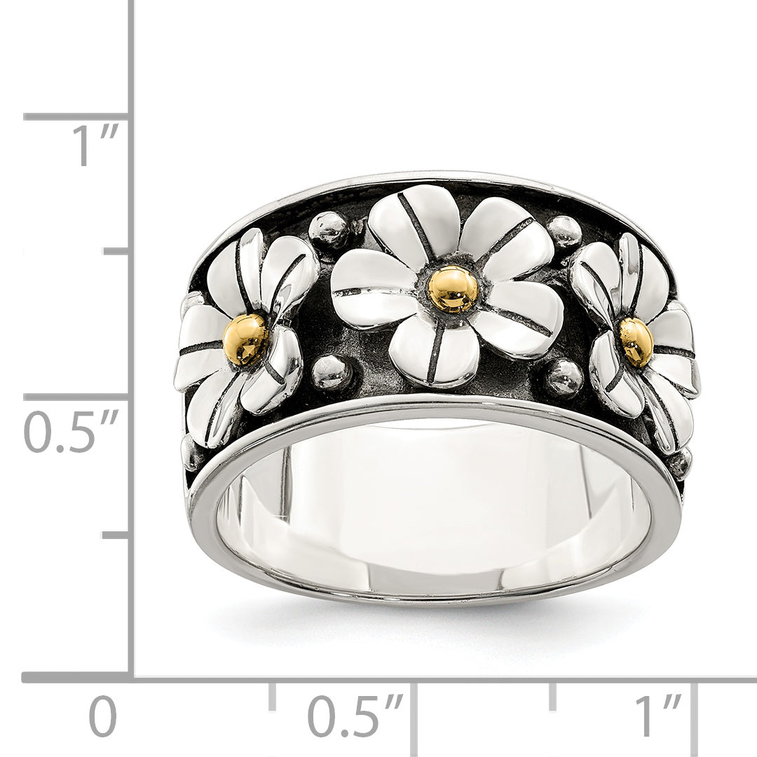 Sterling Silver Antiqued With  14k Gold Centers Daisy Ring