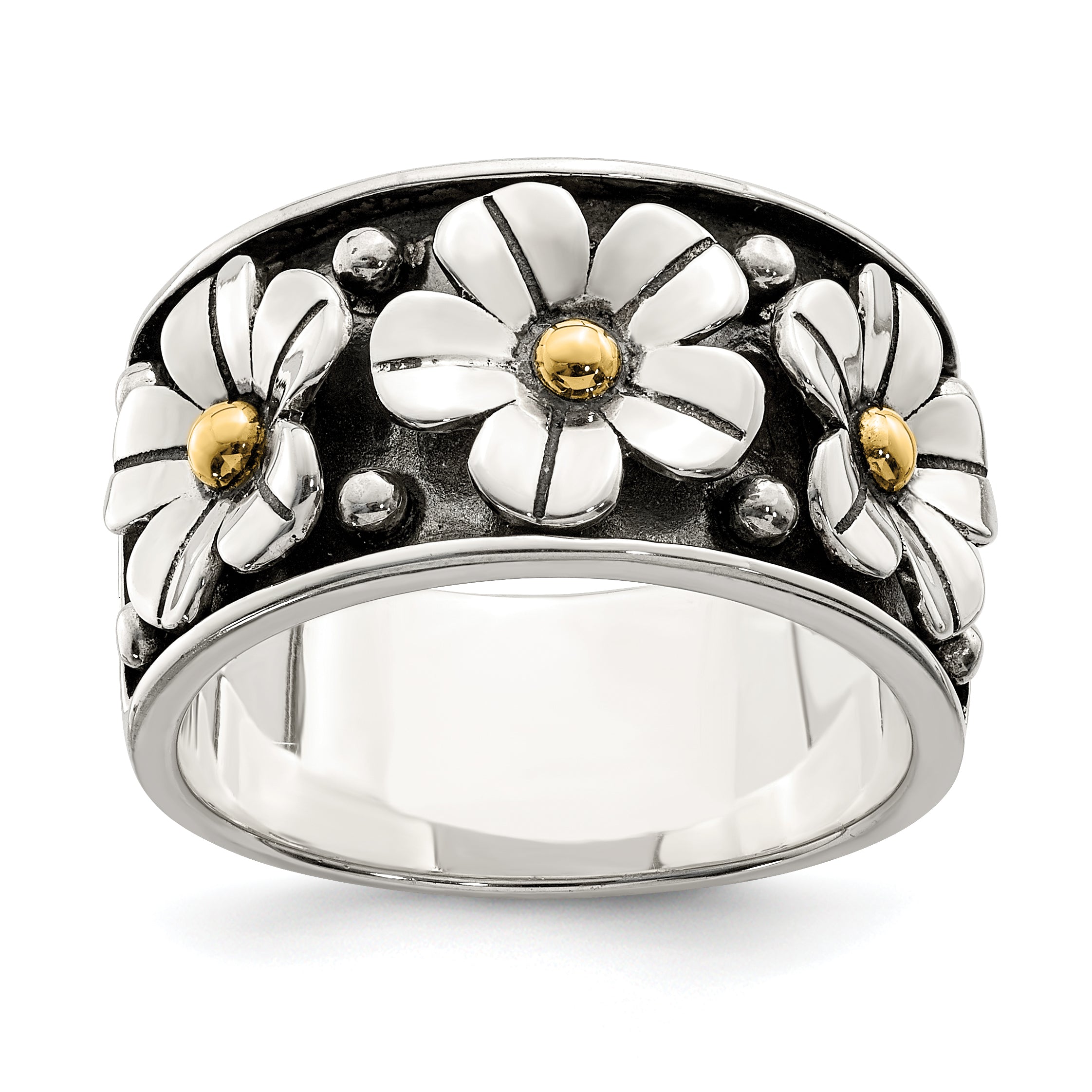 Sterling Silver Antiqued With  14k Gold Centers Daisy Ring