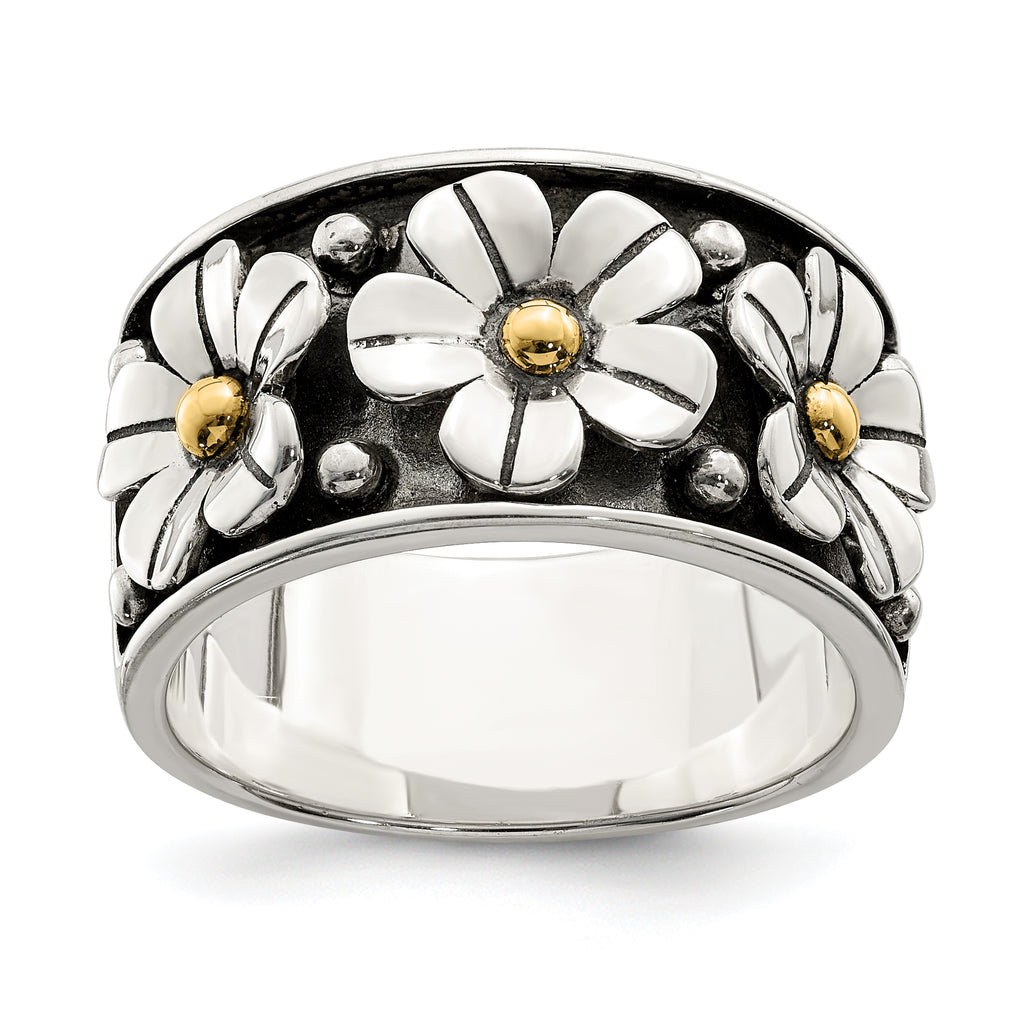 Sterling Silver Antiqued With  14k Gold Centers Daisy Ring
