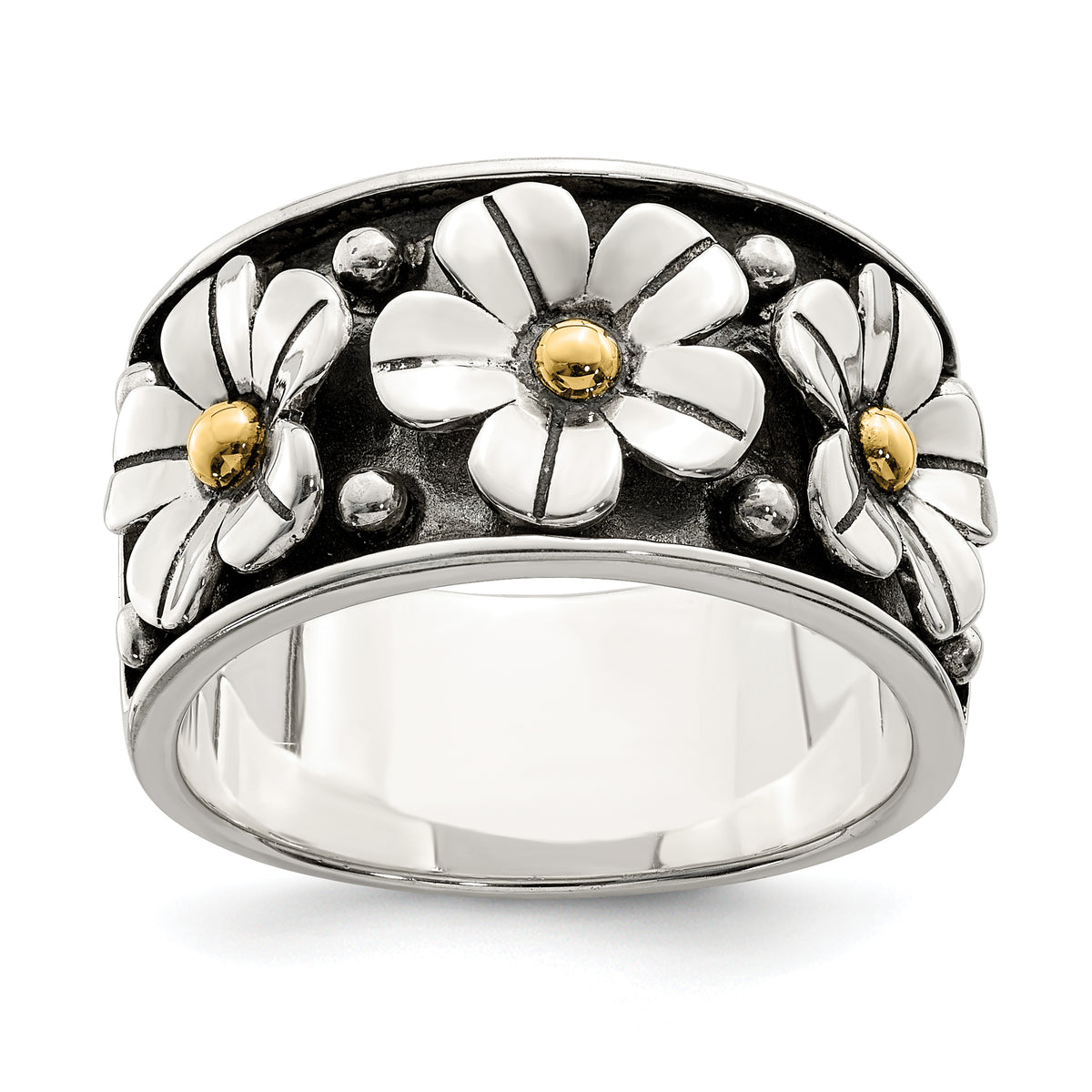 Sterling Silver Antiqued With  14k Gold Centers Daisy Ring