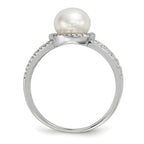 Sterling Silver Rhodium-plated 7-8mm White Button Freshwater Cultured Pearl and CZ Ring