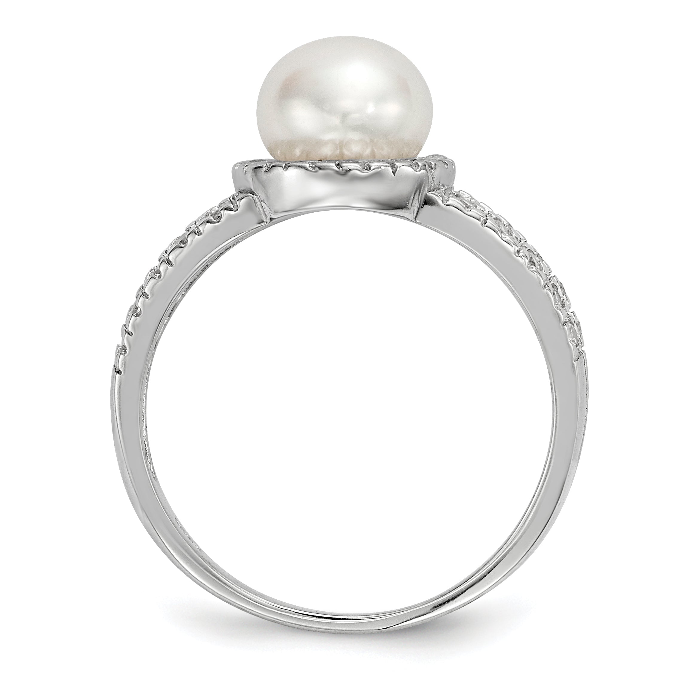 Sterling Silver Rhodium-plated 7-8mm White Button Freshwater Cultured Pearl and CZ Ring