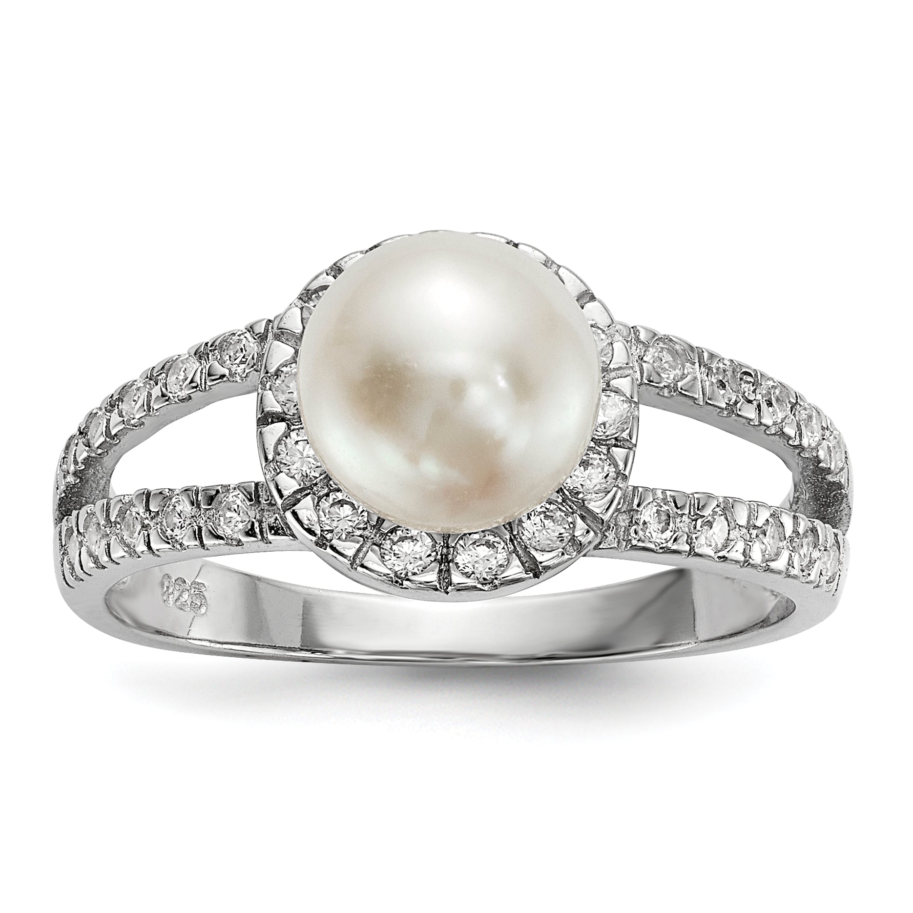 Sterling Silver Rhodium-plated 7-8mm White Button Freshwater Cultured Pearl and CZ Ring Main image