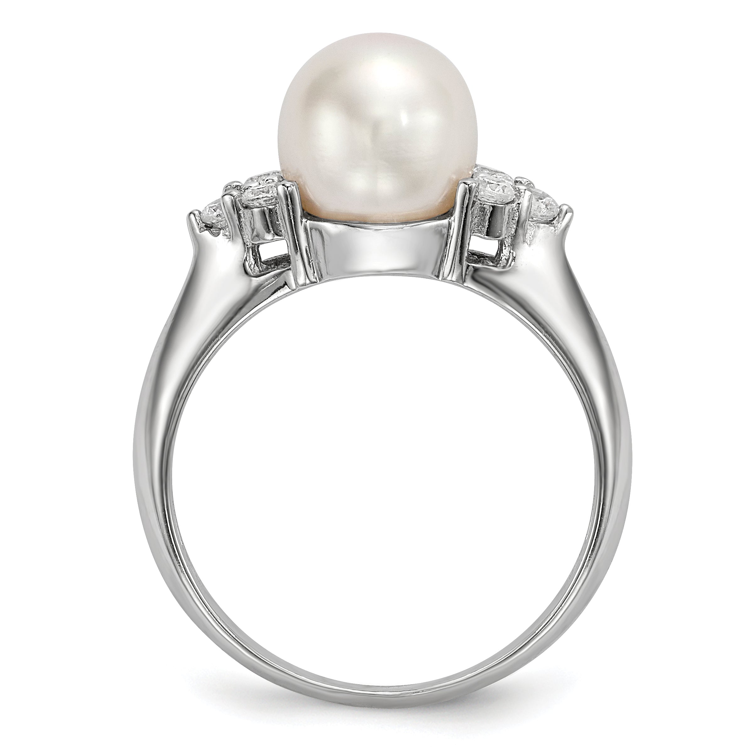 Sterling Silver Rhodium-plated 8-9mm White Button Freshwater Cultured Pearl and CZ Ring Secondary image