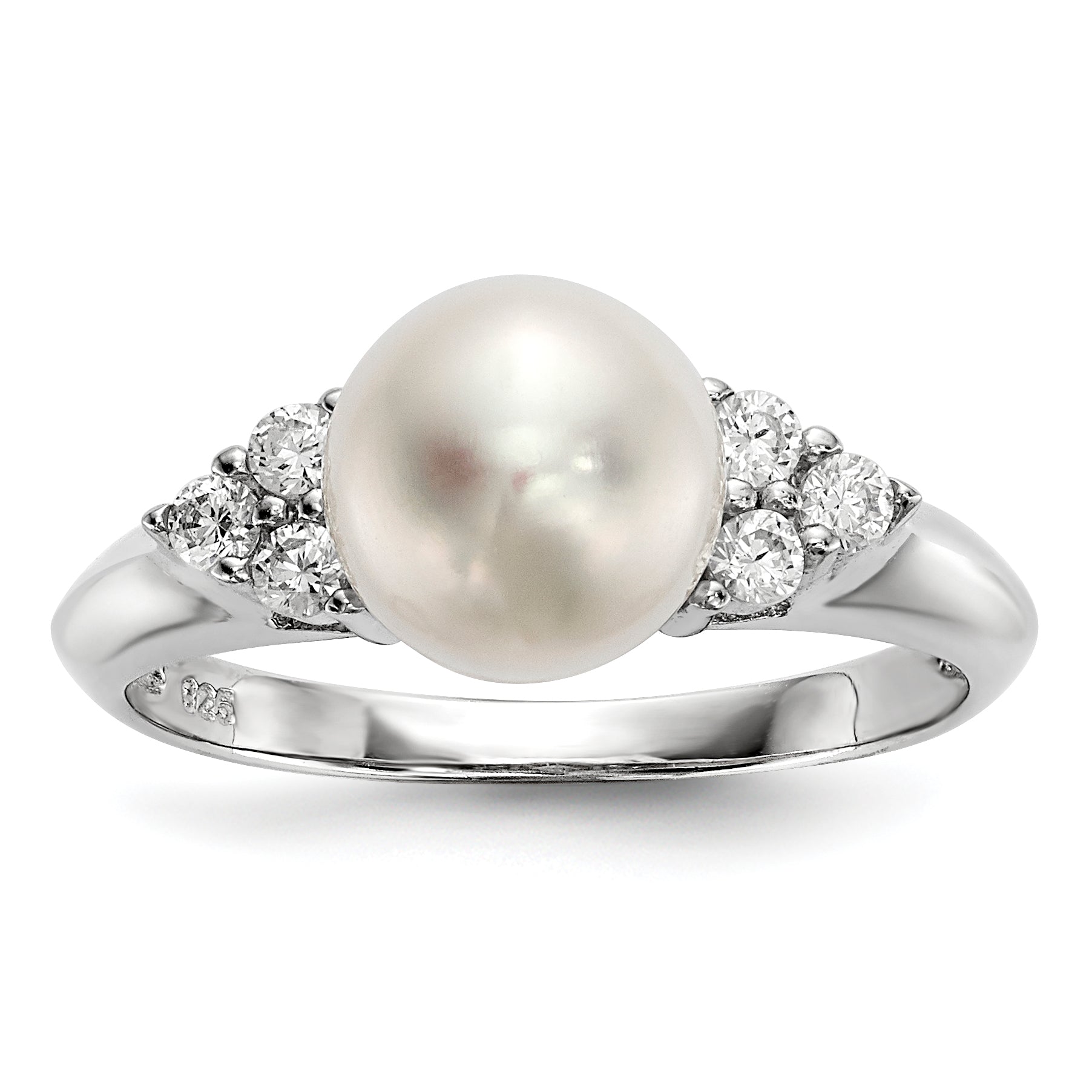 Sterling Silver Rhodium-plated 8-9mm White Button Freshwater Cultured Pearl and CZ Ring Main image