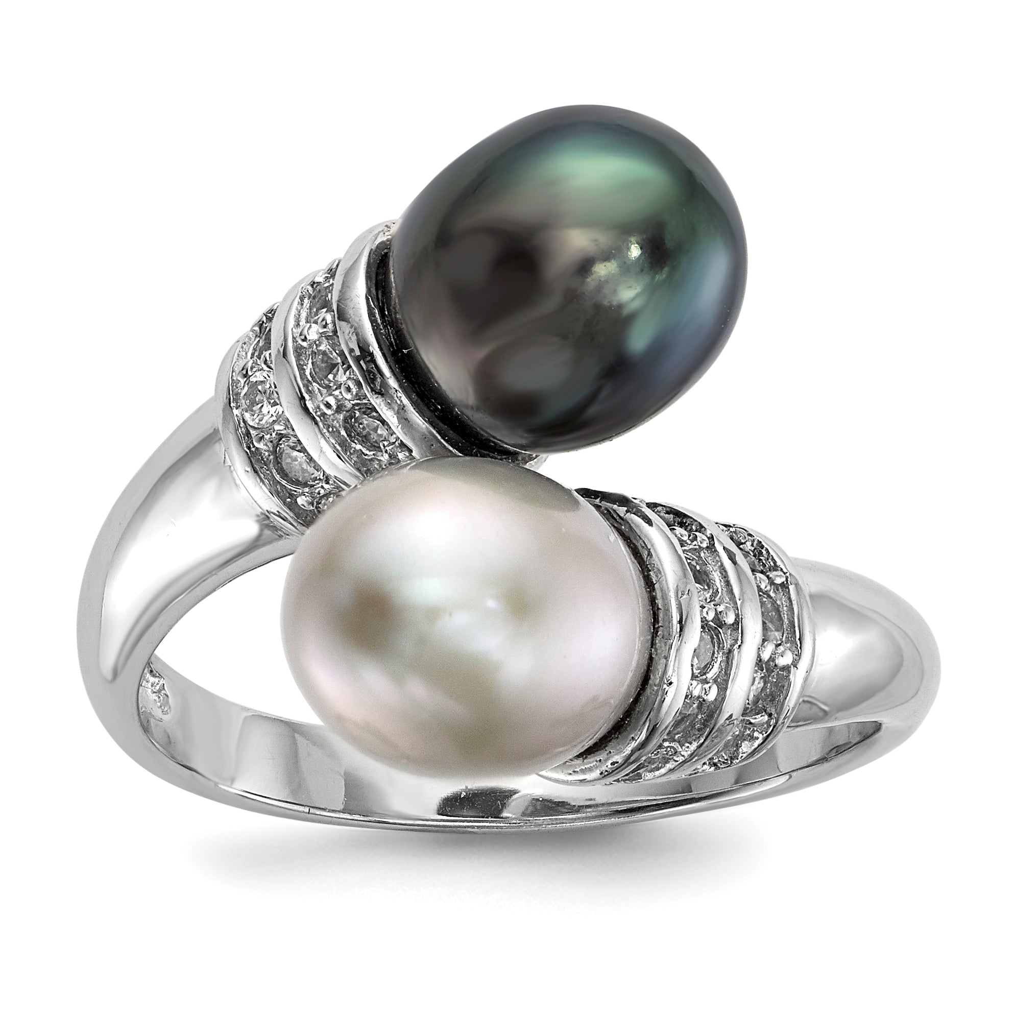Sterling Silver Rhodium-plated 7-8mm Black and Grey Rice Freshwater Cultured Pearl and CZ Ring Main image