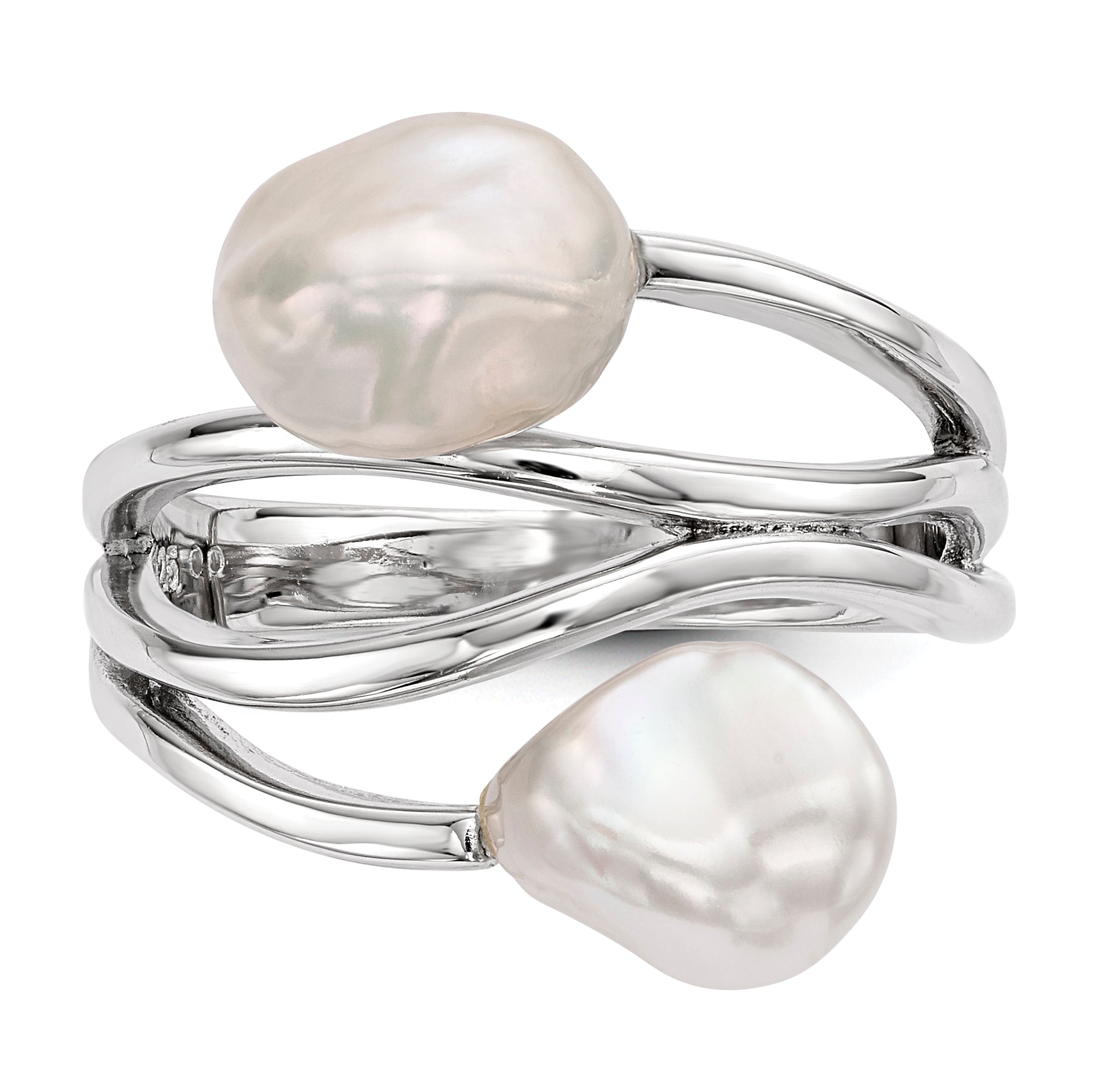 Sterling Silver Rhodium-Plated 7-8mm White Baroque Freshwater Cultured Pearl Ring