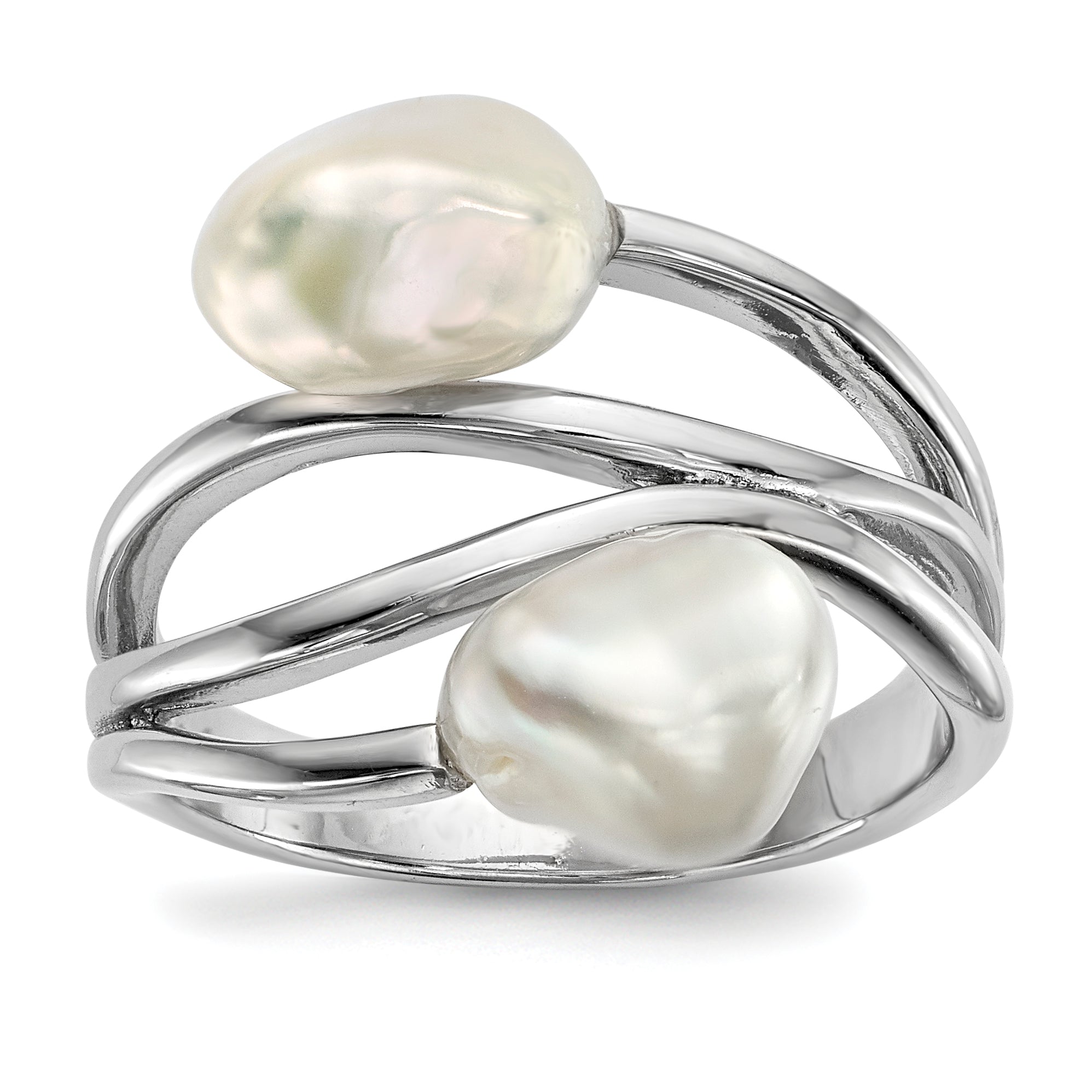 Sterling Silver Rhodium-Plated 7-8mm White Baroque Freshwater Cultured Pearl Ring