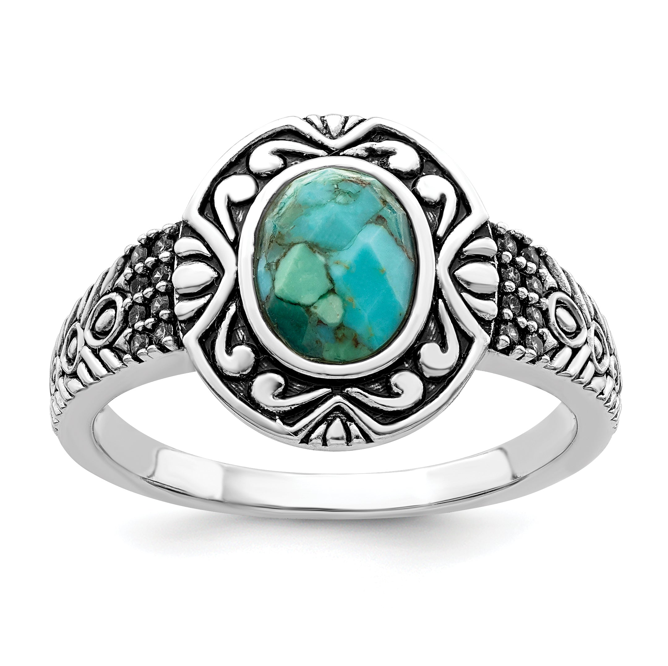 Sterling Silver Rhodium-plated Oxidized Faceted Recon. Turquoise Ring Main image