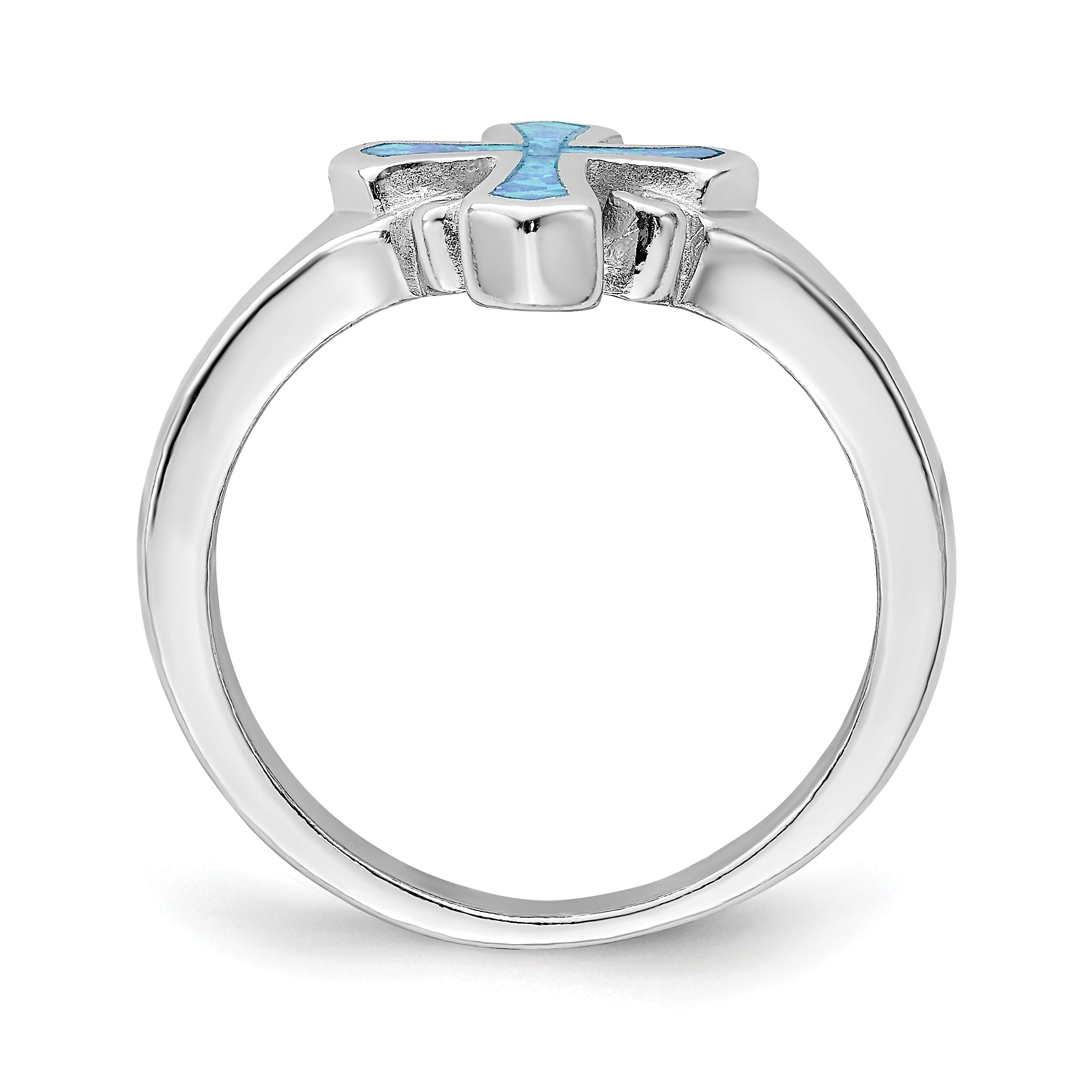 Sterling Silver Rhodium-Plated Blue Inlay Created Opal CroSterling Silver Ring Secondary image