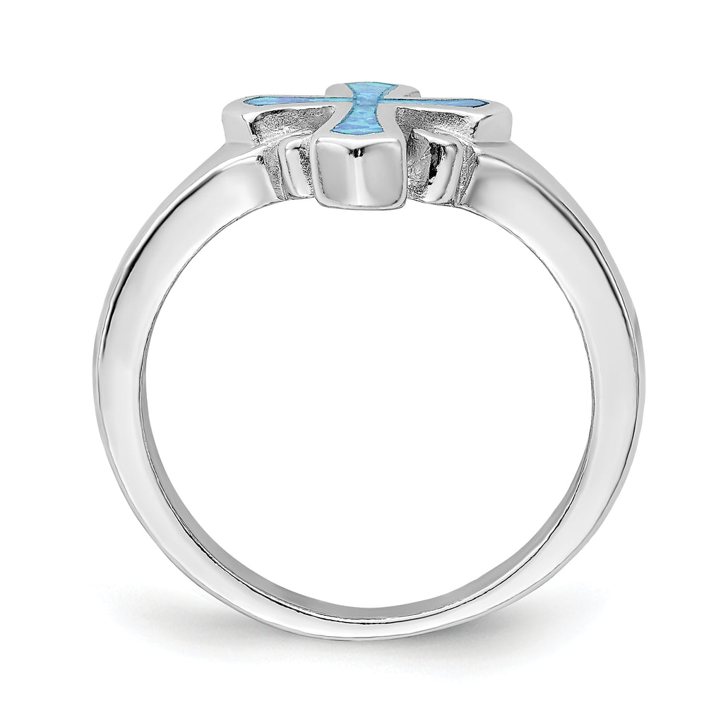 Sterling Silver Rhodium-Plated Blue Inlay Created Opal CroSterling Silver Ring