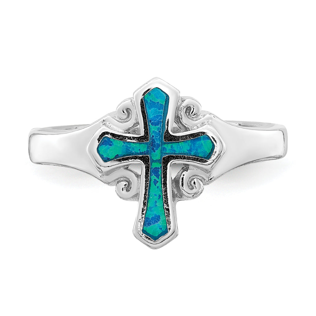 Sterling Silver Rhodium-Plated Blue Inlay Created Opal CroSterling Silver Ring