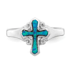 Sterling Silver Rhodium-Plated Blue Inlay Created Opal CroSterling Silver Ring