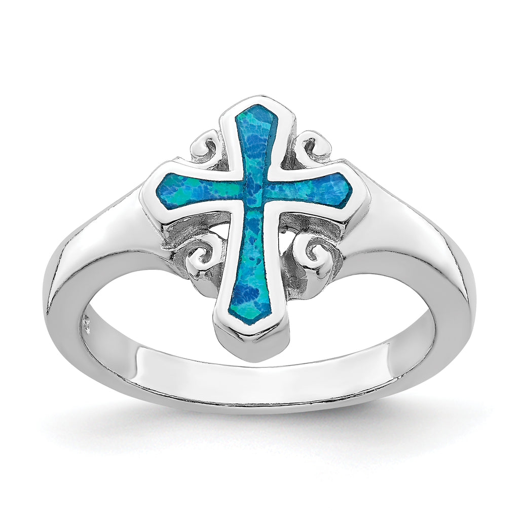 Sterling Silver Rhodium-Plated Blue Inlay Created Opal CroSterling Silver Ring