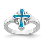 Sterling Silver Rhodium-Plated Blue Inlay Created Opal CroSterling Silver Ring