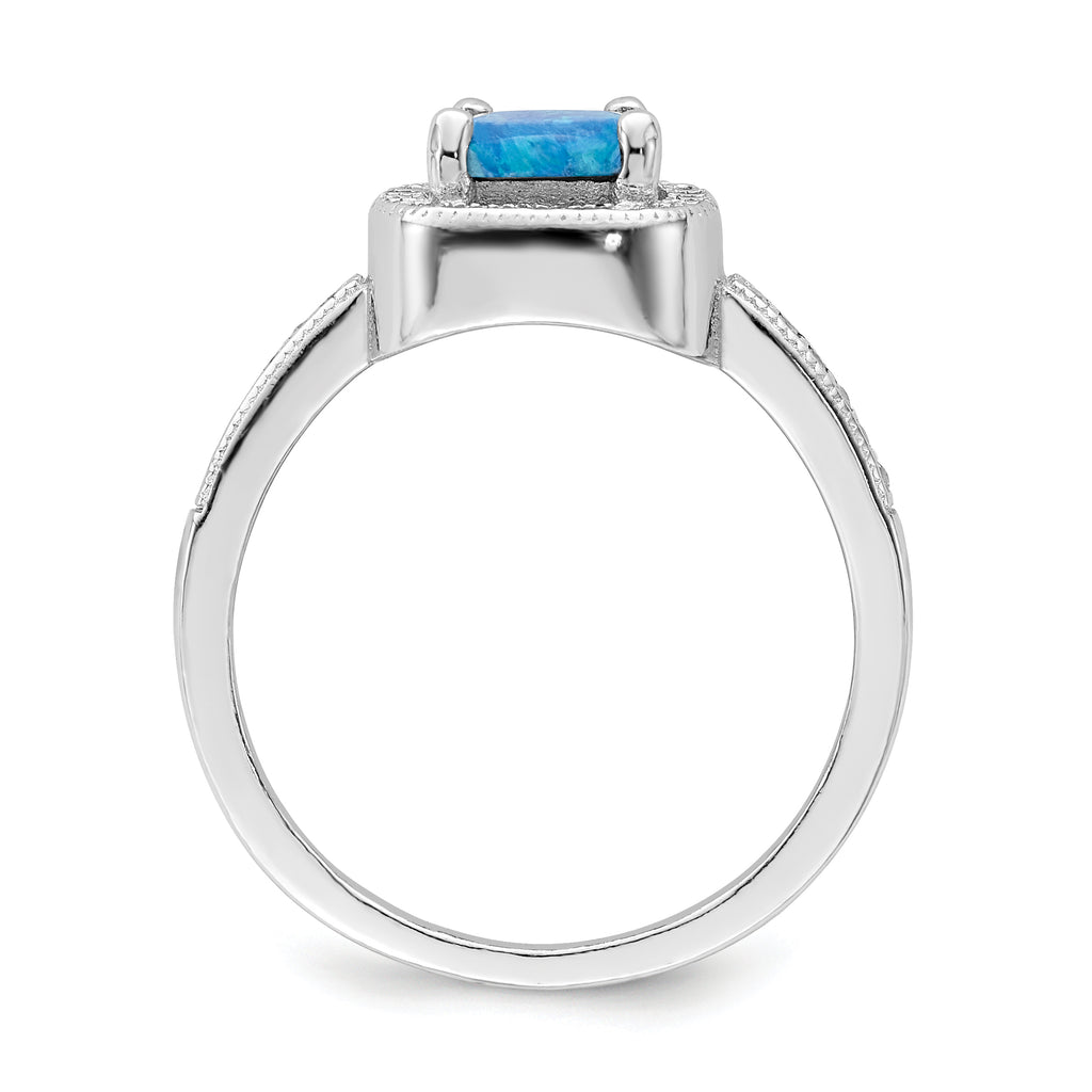Sterling Silver Rhodium-plated Square Blue Created Opal CZ Ring