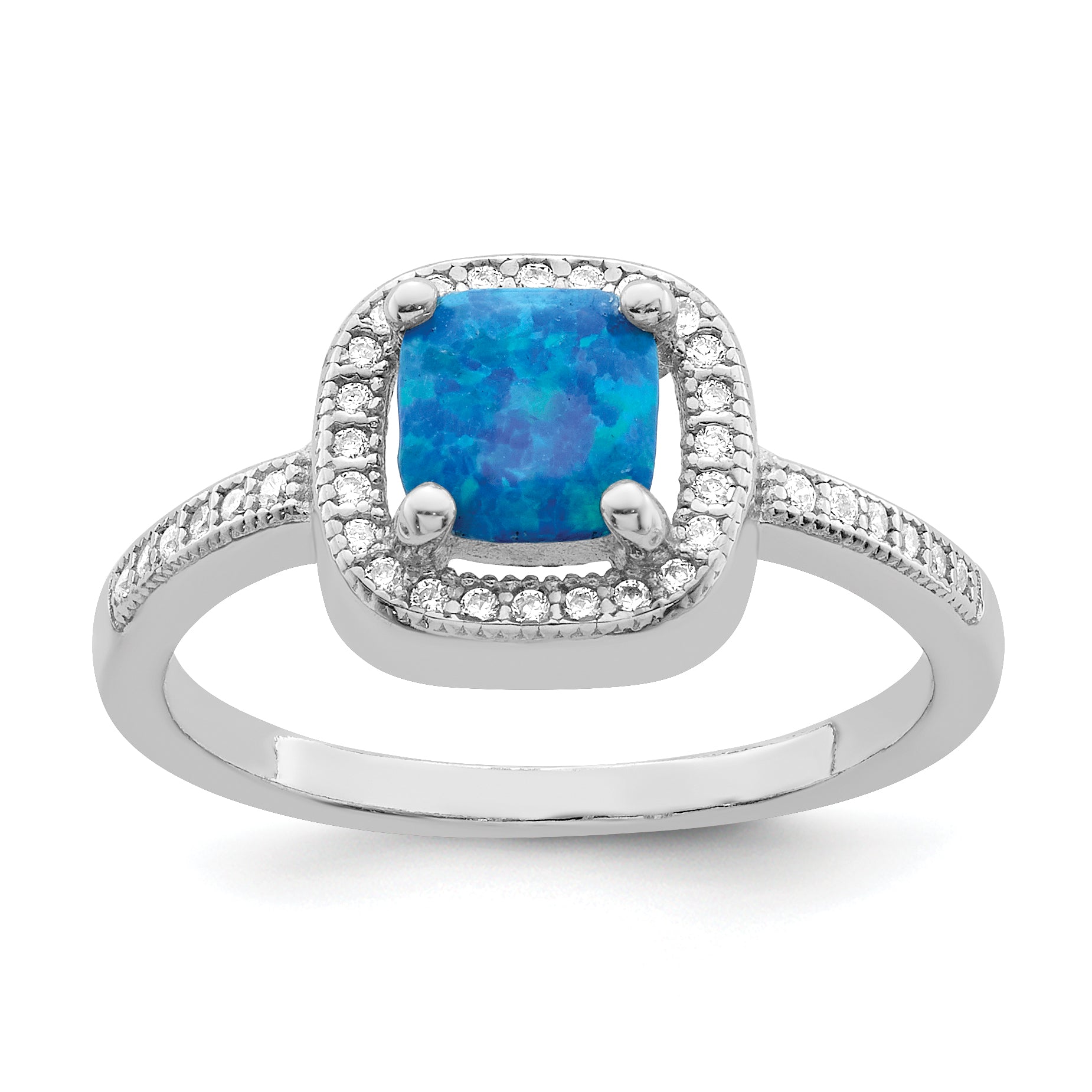 Sterling Silver Rhodium-plated Square Blue Created Opal CZ Ring Main image