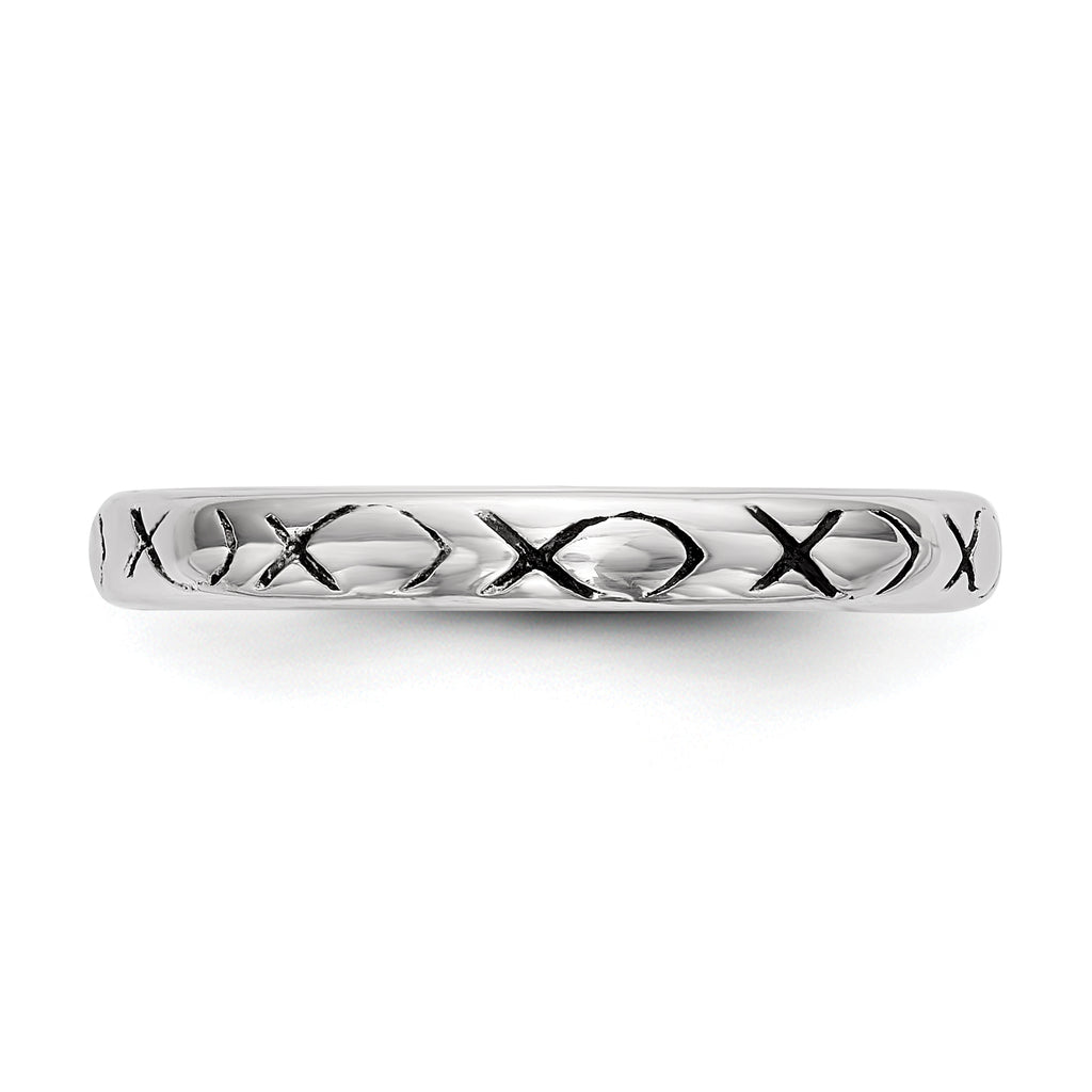 Sterling Silver Rhodium-Plated Polished Antiqued Ichthus Ring