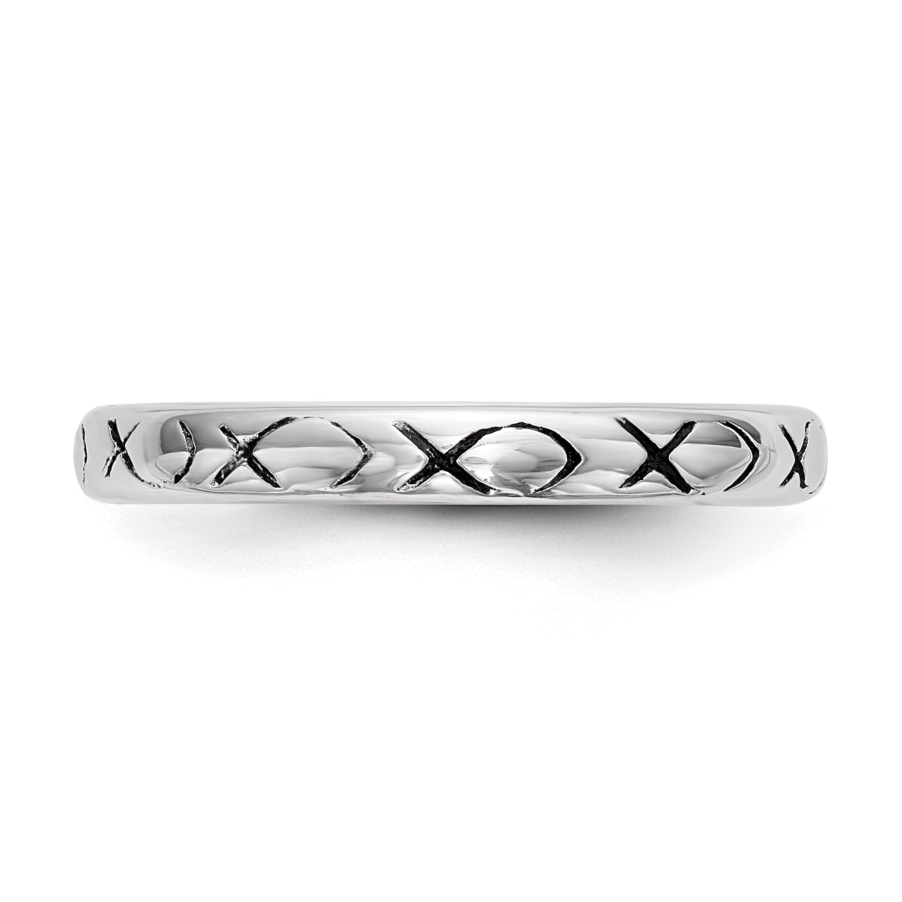 Sterling Silver Rhodium-Plated Polished Antiqued Ichthus Ring