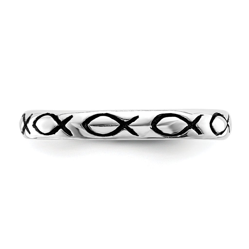 Sterling Silver Rhodium-Plated Polished Antiqued Ichthus Ring