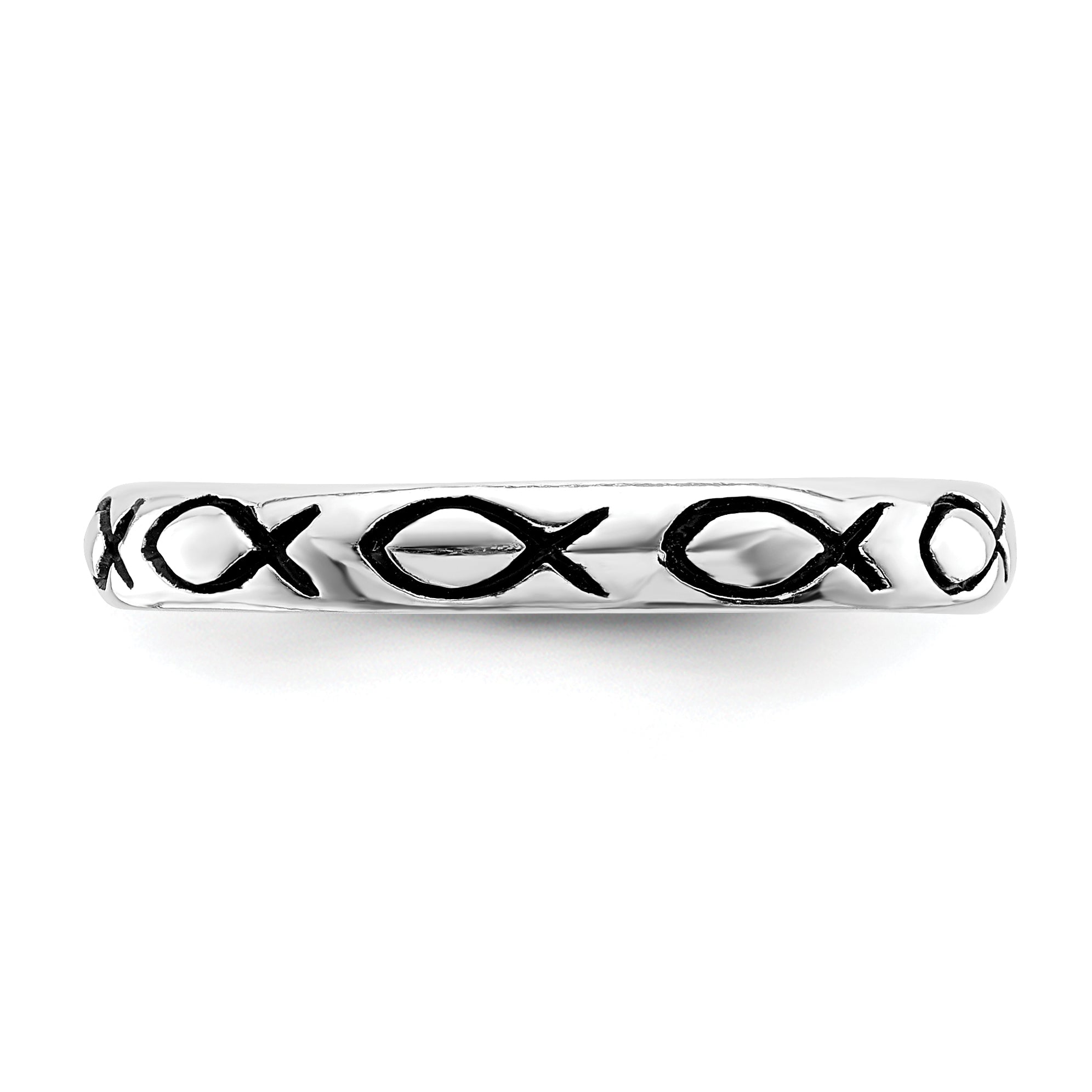 Sterling Silver Rhodium-Plated Polished Antiqued Ichthus Ring