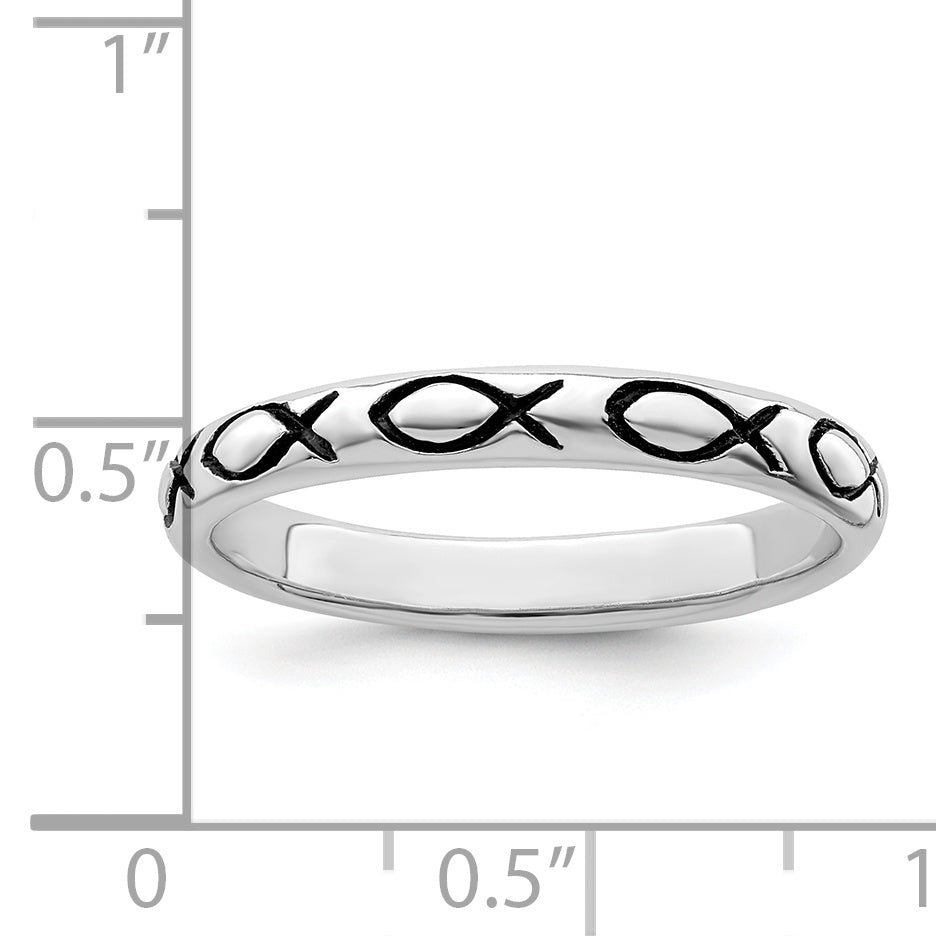Sterling Silver Rhodium-plated Polished Antiqued Ichthus Ring