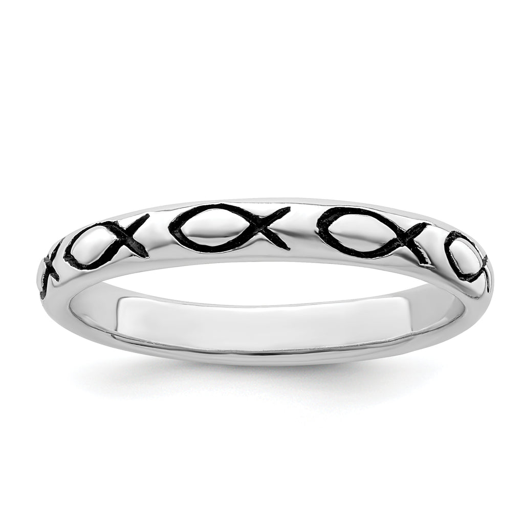 Sterling Silver Rhodium-Plated Polished Antiqued Ichthus Ring