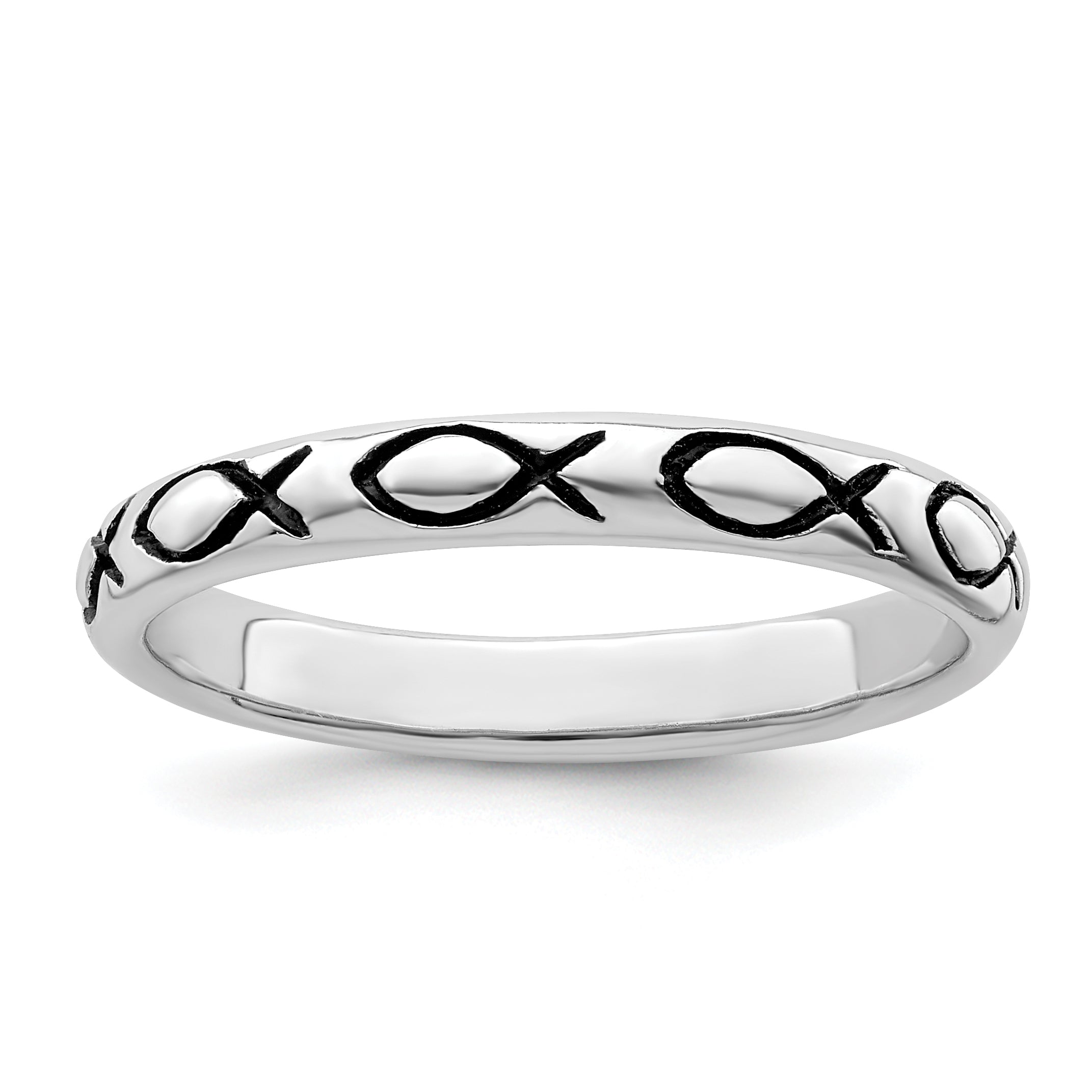 Sterling Silver Rhodium-Plated Polished Antiqued Ichthus Ring