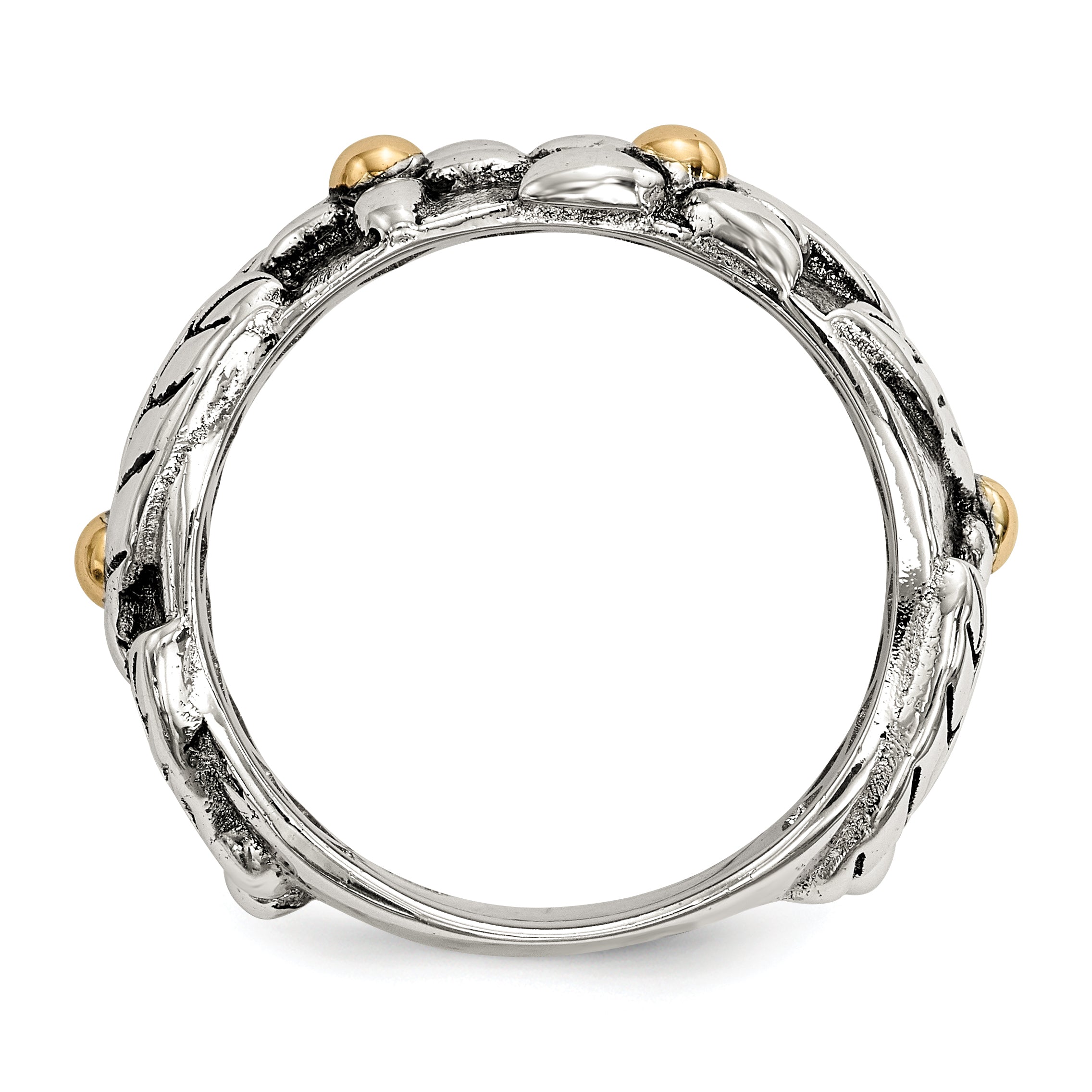 Sterling Silver With 14k Antiqued Leaves & Flowers Band