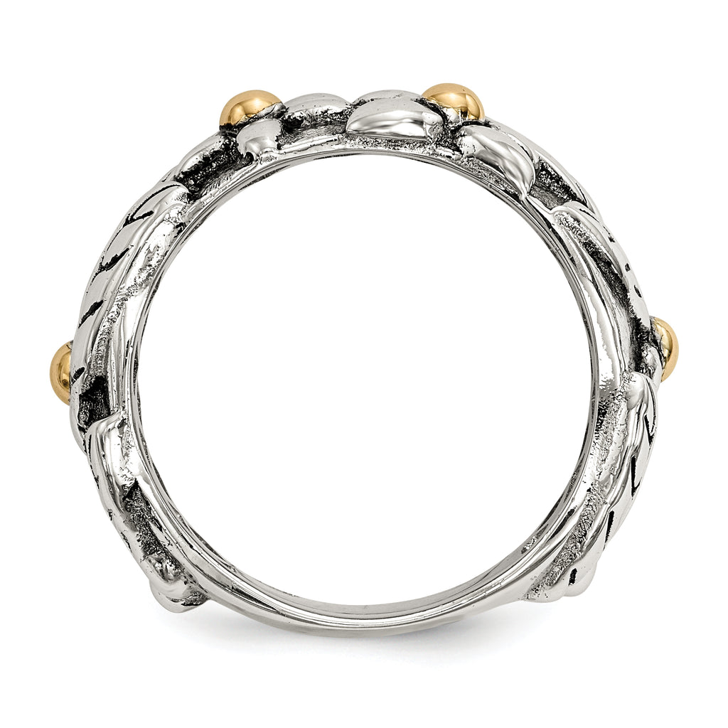 Sterling Silver With 14k Antiqued Leaves & Flowers Band