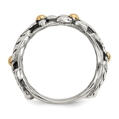 Sterling Silver With 14k Antiqued Leaves & Flowers Band