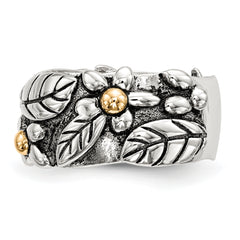 Sterling Silver With 14k Antiqued Leaves & Flowers Band