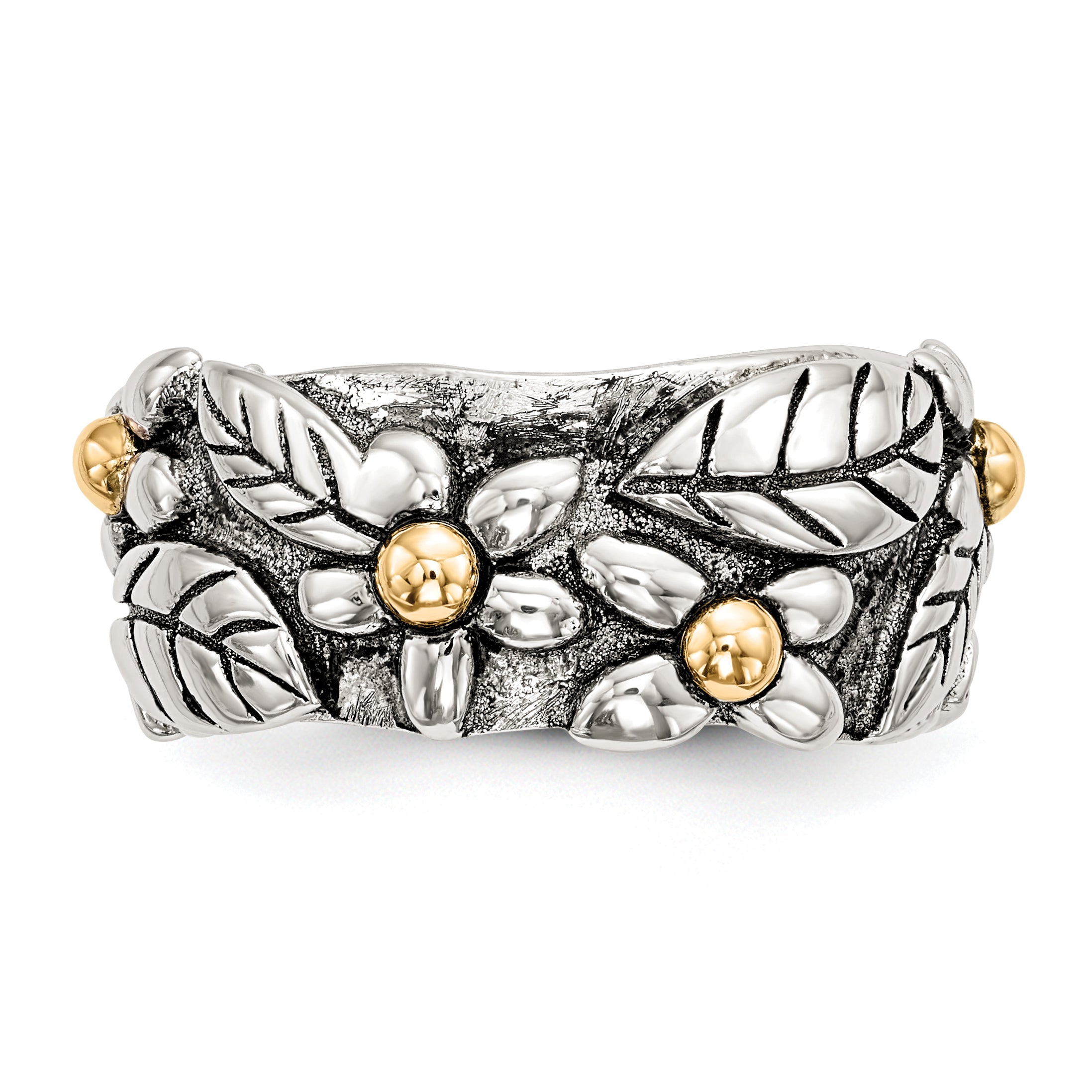 Sterling Silver With 14k Antiqued Leaves & Flowers Band
