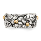 Sterling Silver With 14k Antiqued Leaves & Flowers Band