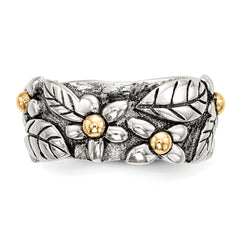 Sterling Silver With 14k Antiqued Leaves & Flowers Band