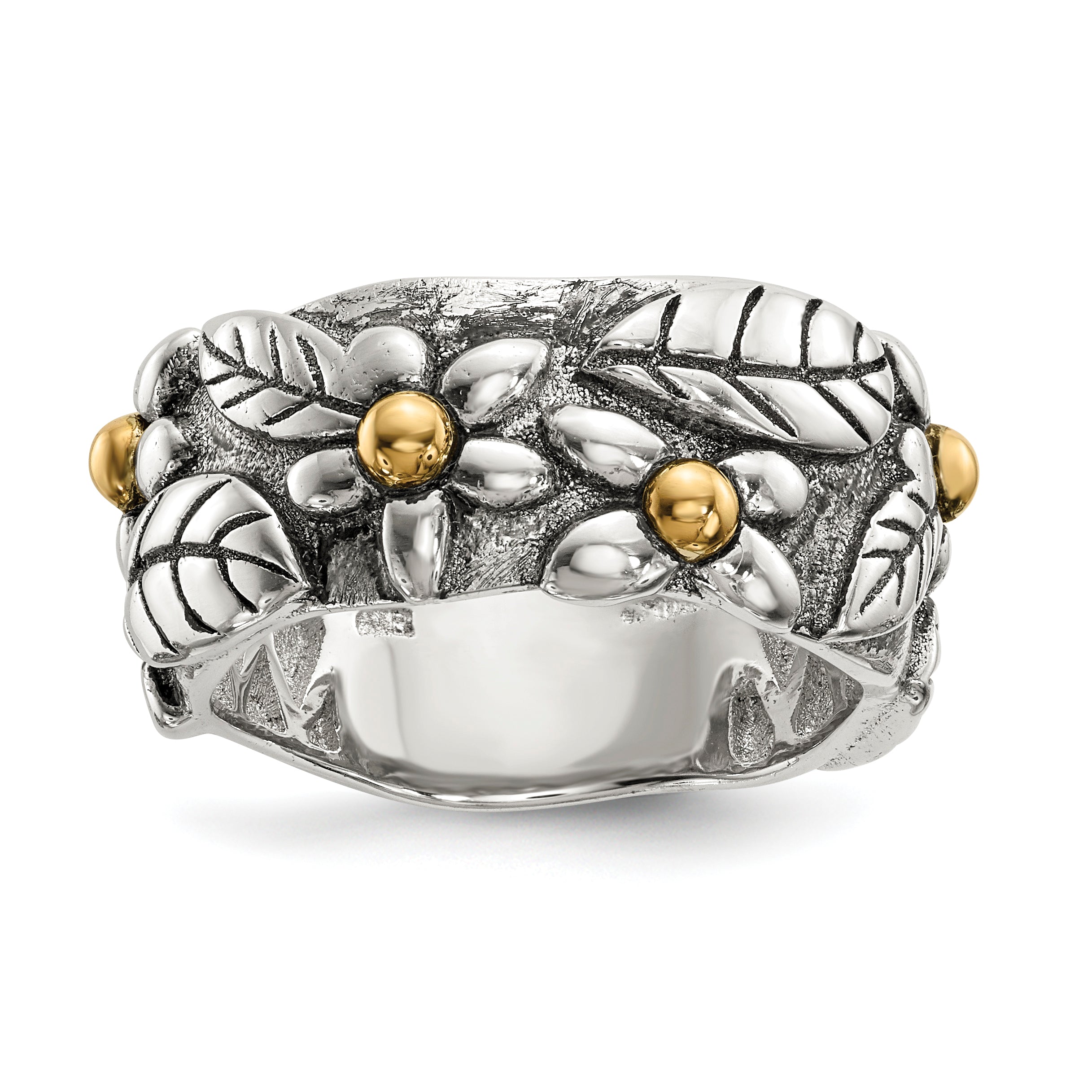 Sterling Silver With 14k Antiqued Leaves & Flowers Band Main image