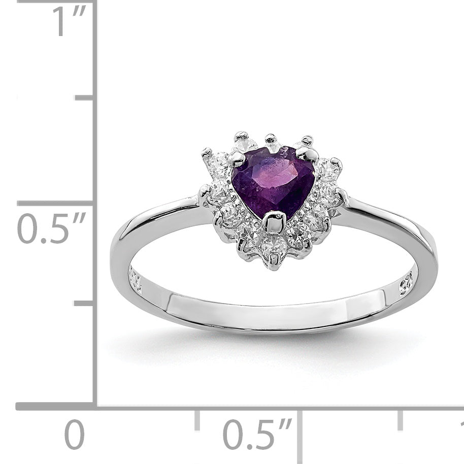 Sterling Silver Rhodium-Plated Amethyst and Cubic Zirconi Heart Ring